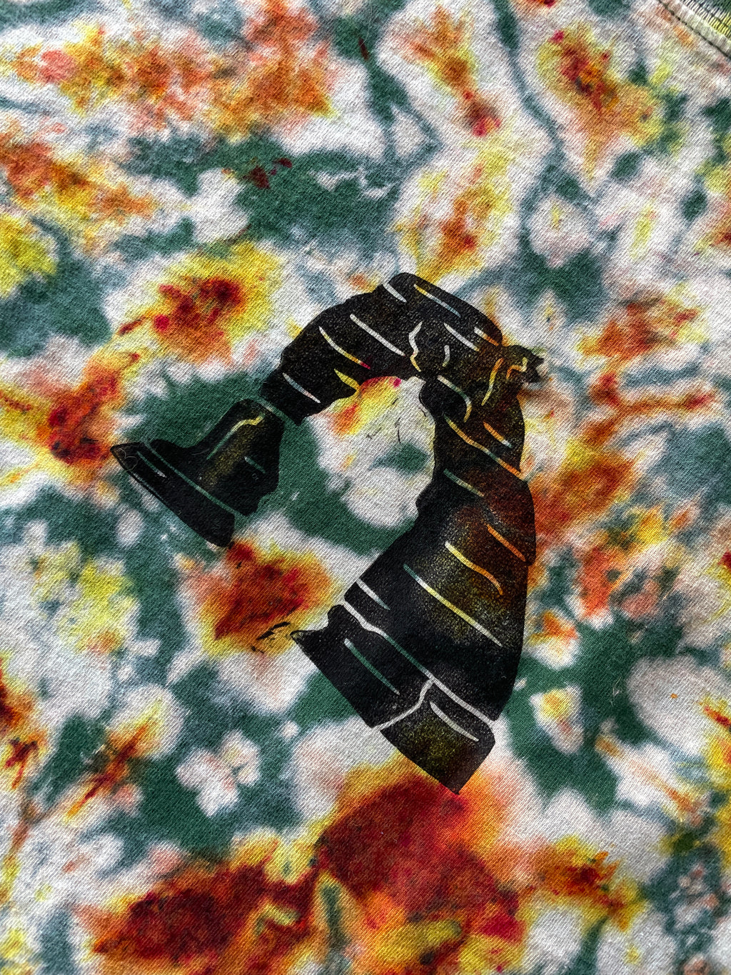 XL Men’s Hand-Printed Delicate Arch Long Sleeve Tie Dye T-Shirt | One-Of-a-Kind Upcycled Green, Yellow, and Orange Desert Colors Graphic Tee