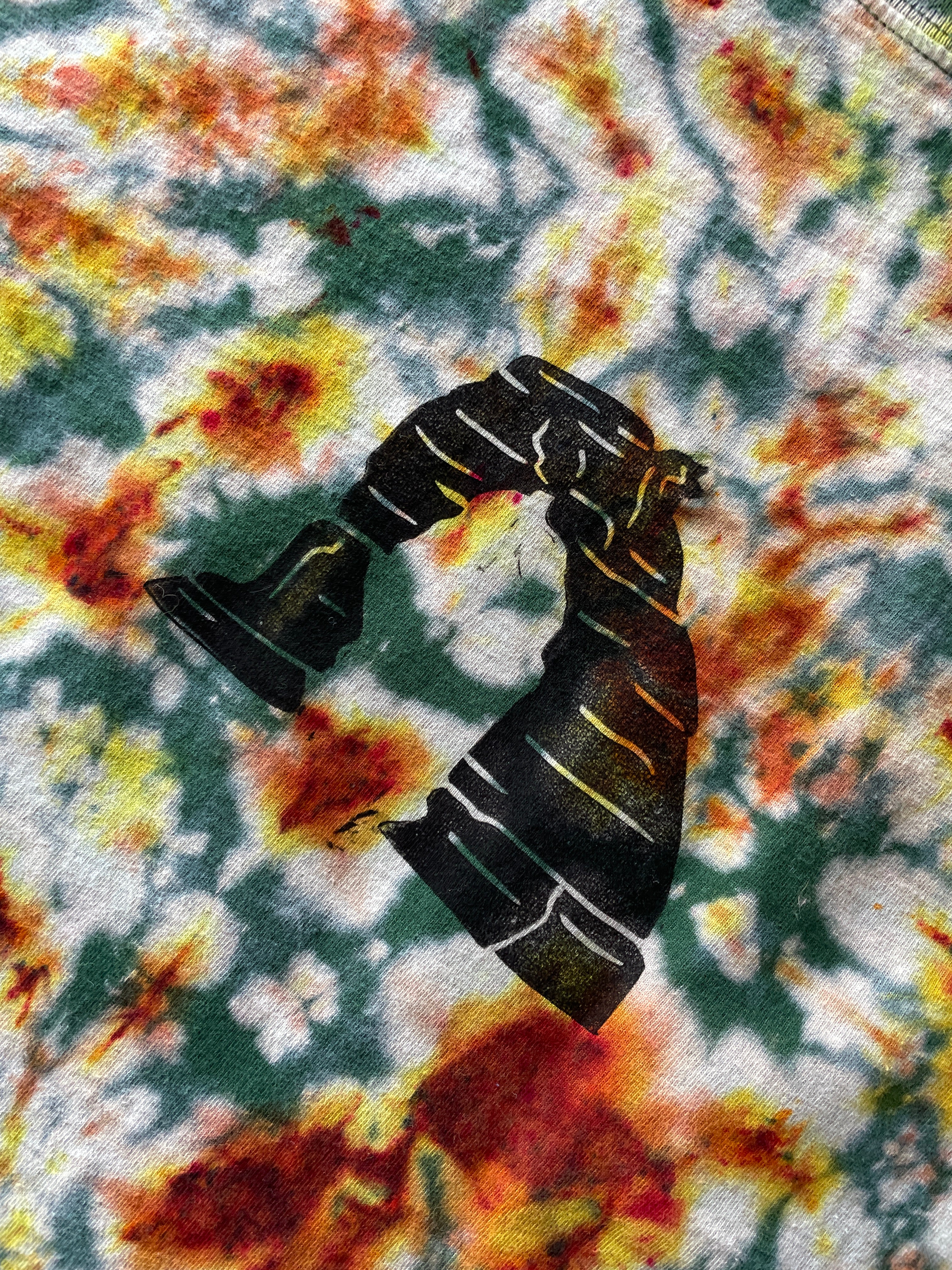 XL Men’s Hand-Printed Delicate Arch Long Sleeve Tie Dye T-Shirt | One-Of-a-Kind Upcycled Green, Yellow, and Orange Desert Colors Graphic Tee