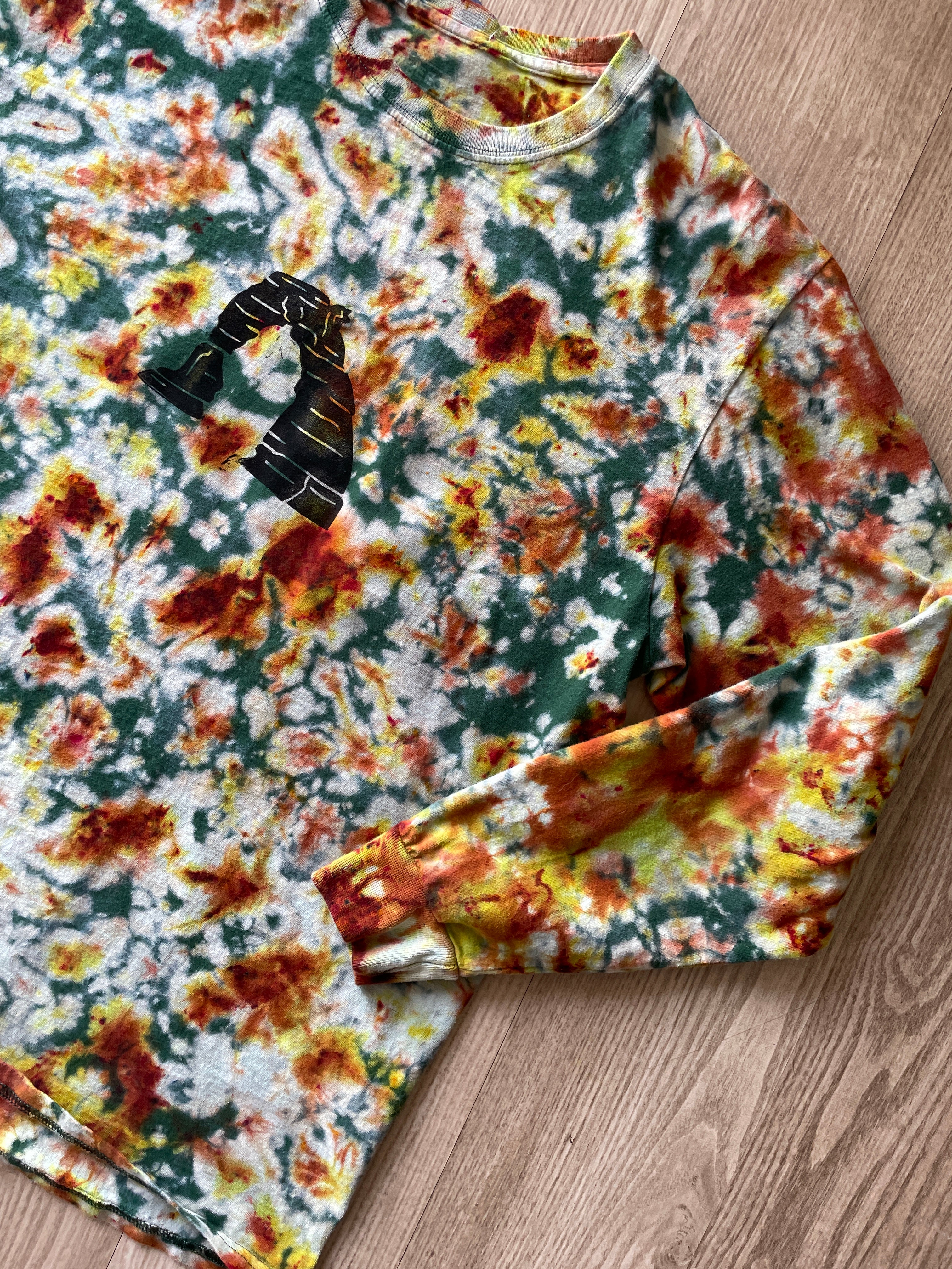 XL Men’s Hand-Printed Delicate Arch Long Sleeve Tie Dye T-Shirt | One-Of-a-Kind Upcycled Green, Yellow, and Orange Desert Colors Graphic Tee