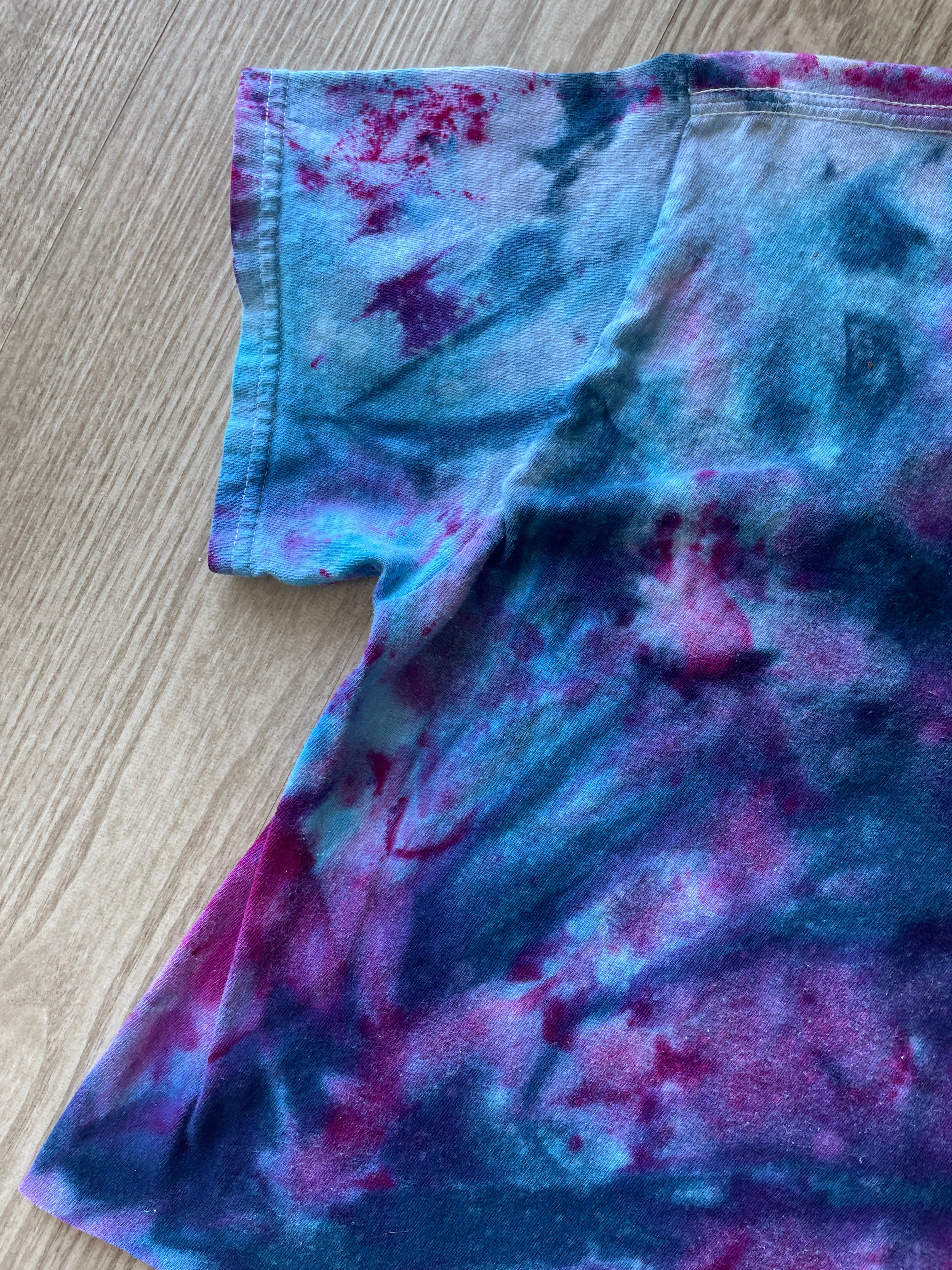 Small Men’s Mickey Mouse Handmade Galaxy Tie Dye Cropped T-Shirt | Blue and Purple Ice Dye Tie Dye Short Sleeve Crop Top