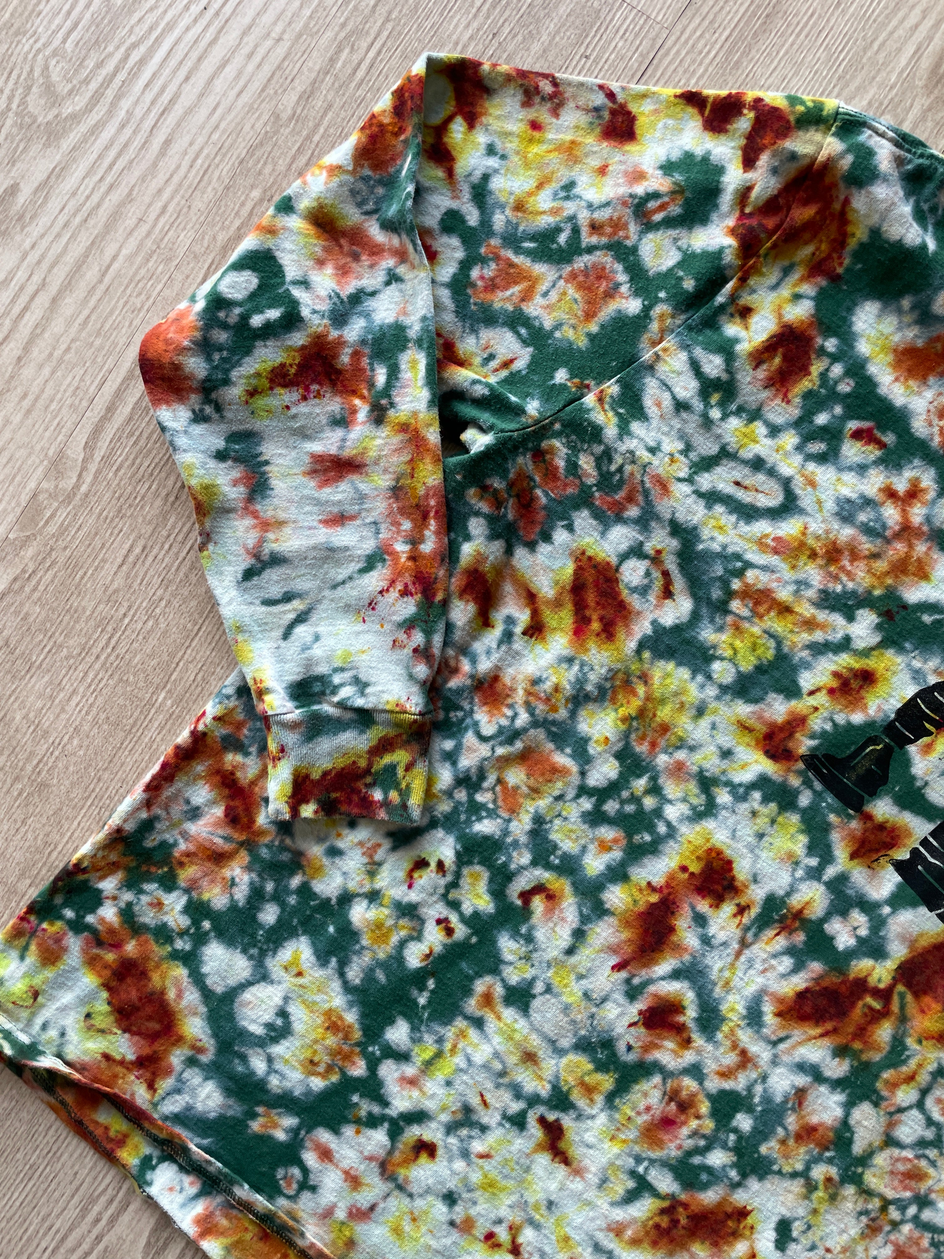 XL Men’s Hand-Printed Delicate Arch Long Sleeve Tie Dye T-Shirt | One-Of-a-Kind Upcycled Green, Yellow, and Orange Desert Colors Graphic Tee