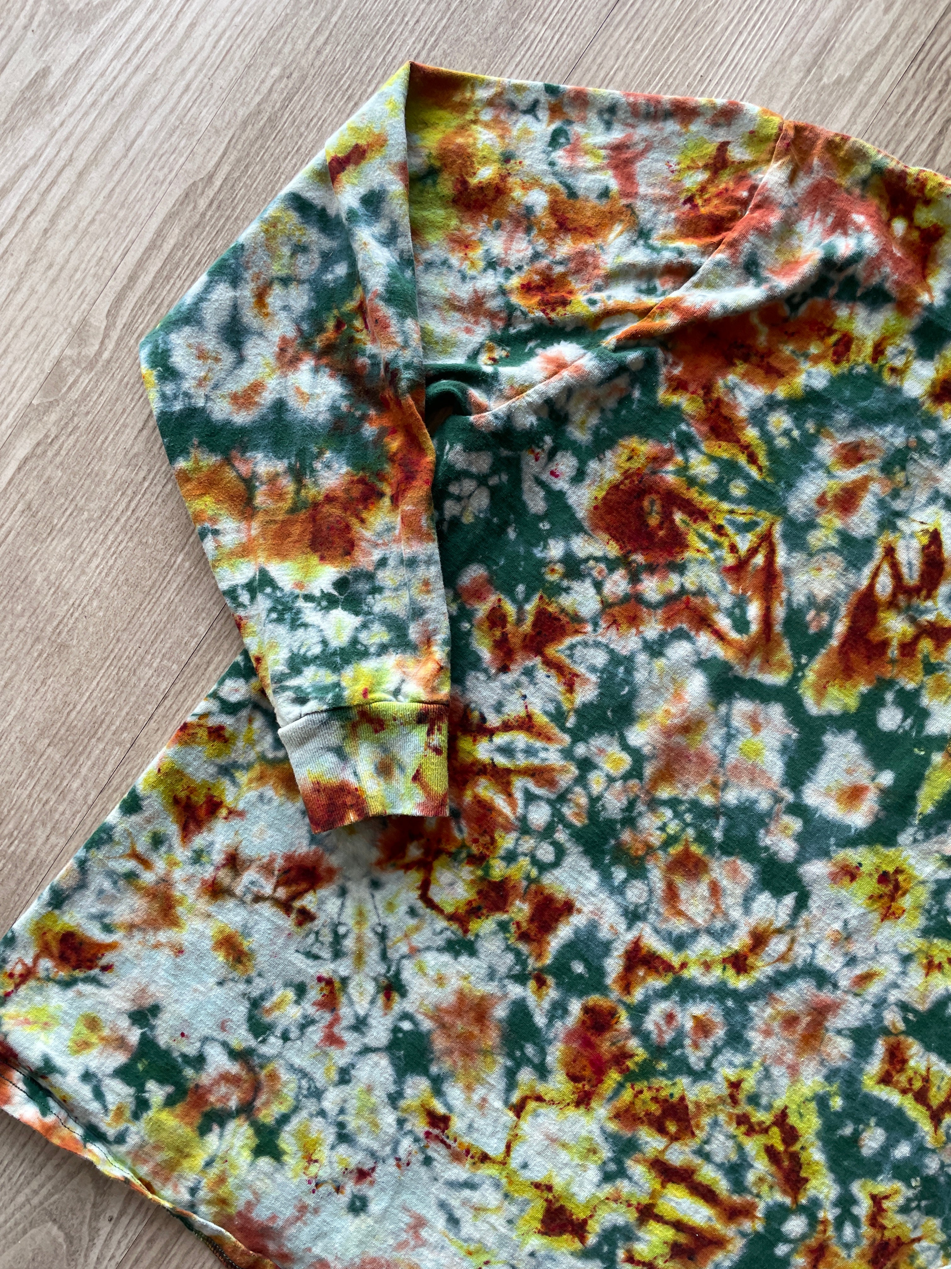 XL Men’s Hand-Printed Delicate Arch Long Sleeve Tie Dye T-Shirt | One-Of-a-Kind Upcycled Green, Yellow, and Orange Desert Colors Graphic Tee