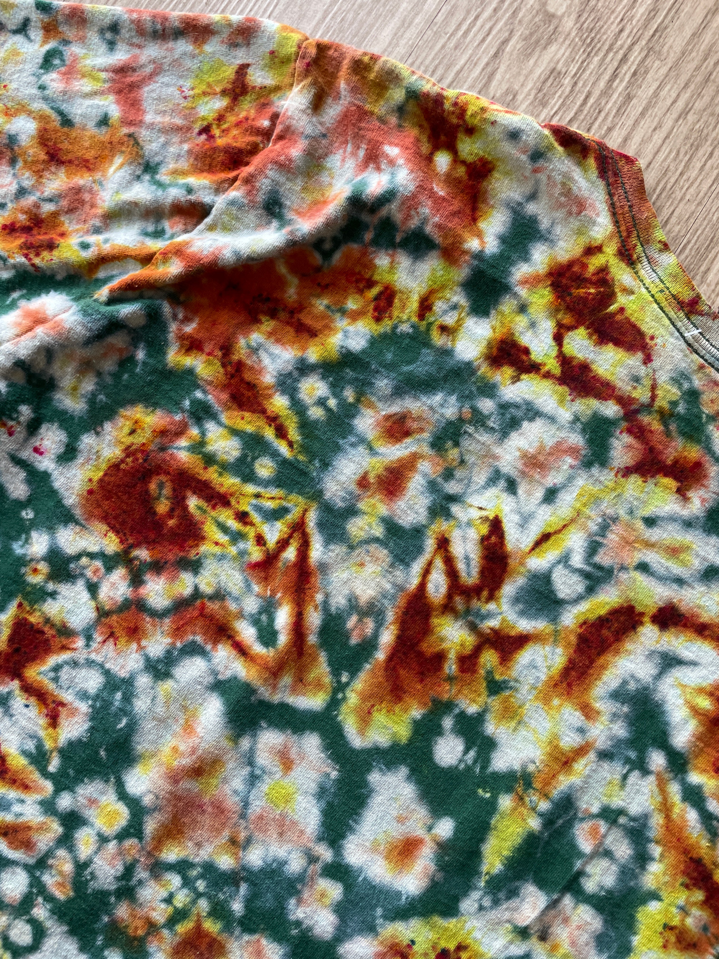 XL Men’s Hand-Printed Delicate Arch Long Sleeve Tie Dye T-Shirt | One-Of-a-Kind Upcycled Green, Yellow, and Orange Desert Colors Graphic Tee