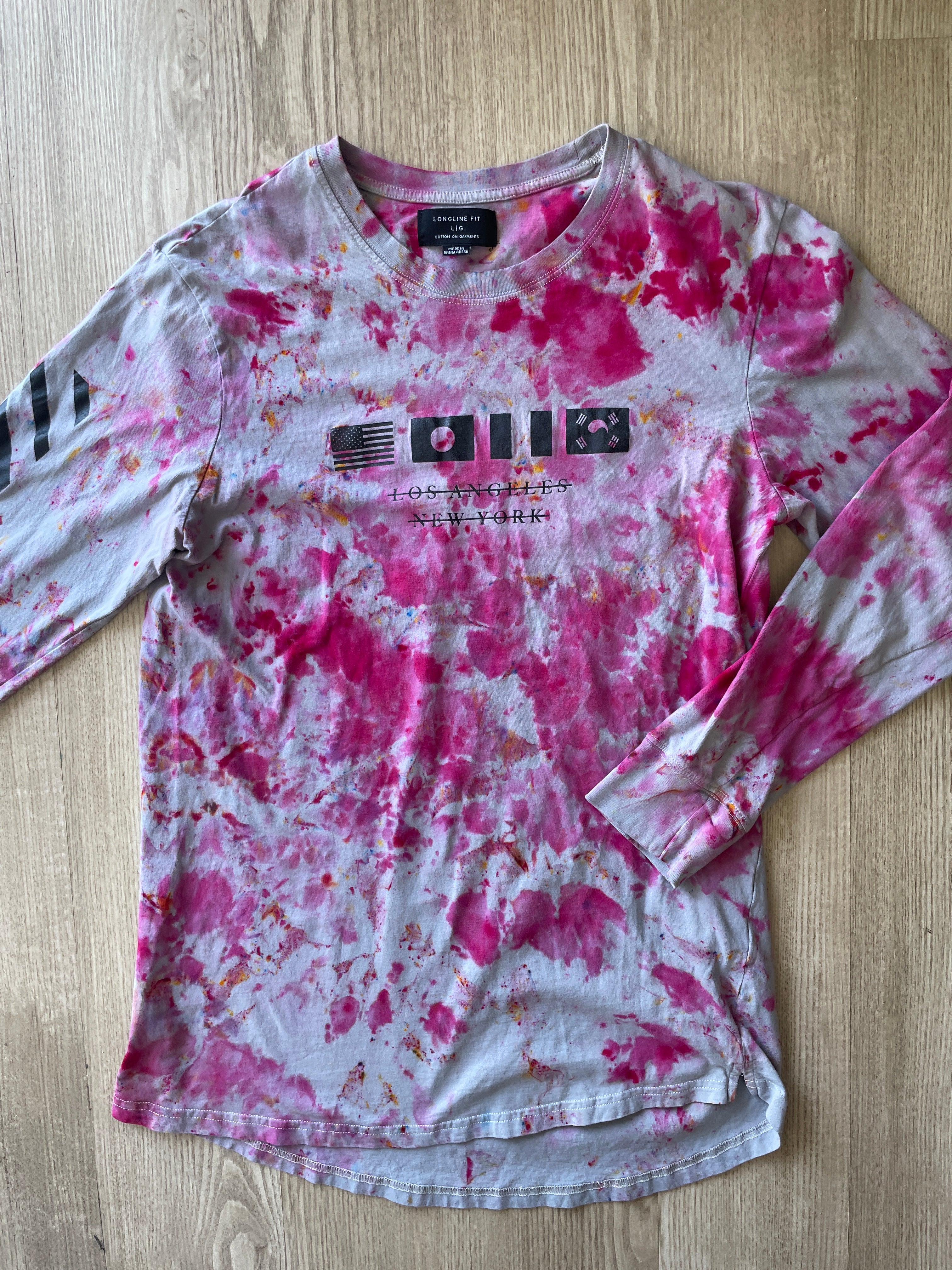 LARGE Men’s Cotton:On Los Angeles/New York Wasteland Handmade Tie Dye Long Sleeve T-Shirt | One-Of-a-Kind Gray and Pink Short Sleeve