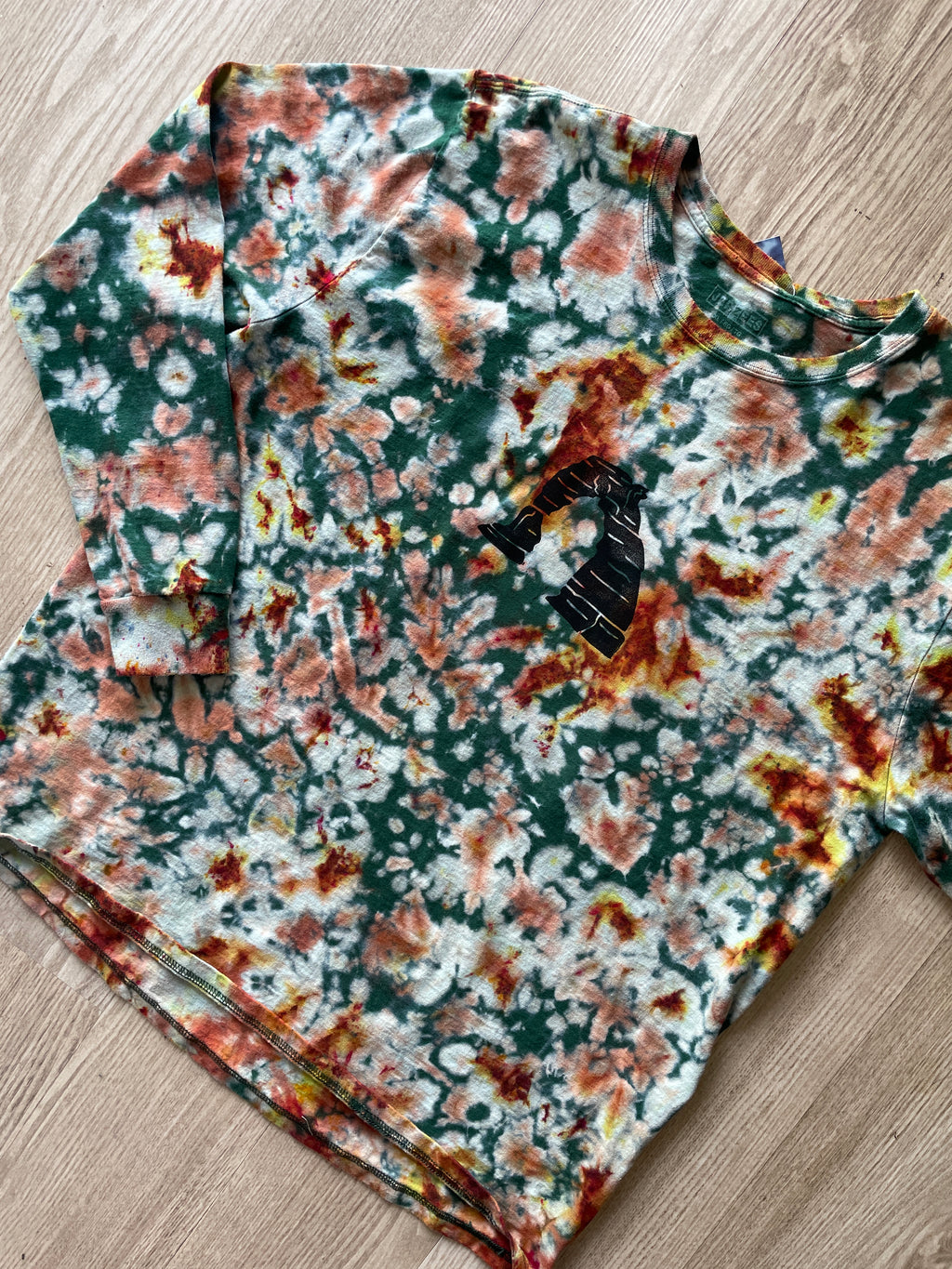 XL Men’s Hand-Printed Delicate Arch Long Sleeve Tie Dye T-Shirt | One-Of-a-Kind Upcycled Green, Yellow, and Orange Desert Colors Graphic Tee