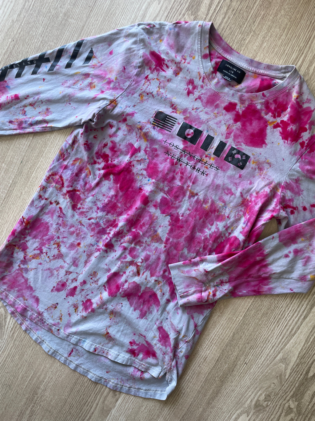 LARGE Men’s Cotton:On Los Angeles/New York Wasteland Handmade Tie Dye Long Sleeve T-Shirt | One-Of-a-Kind Gray and Pink Short Sleeve