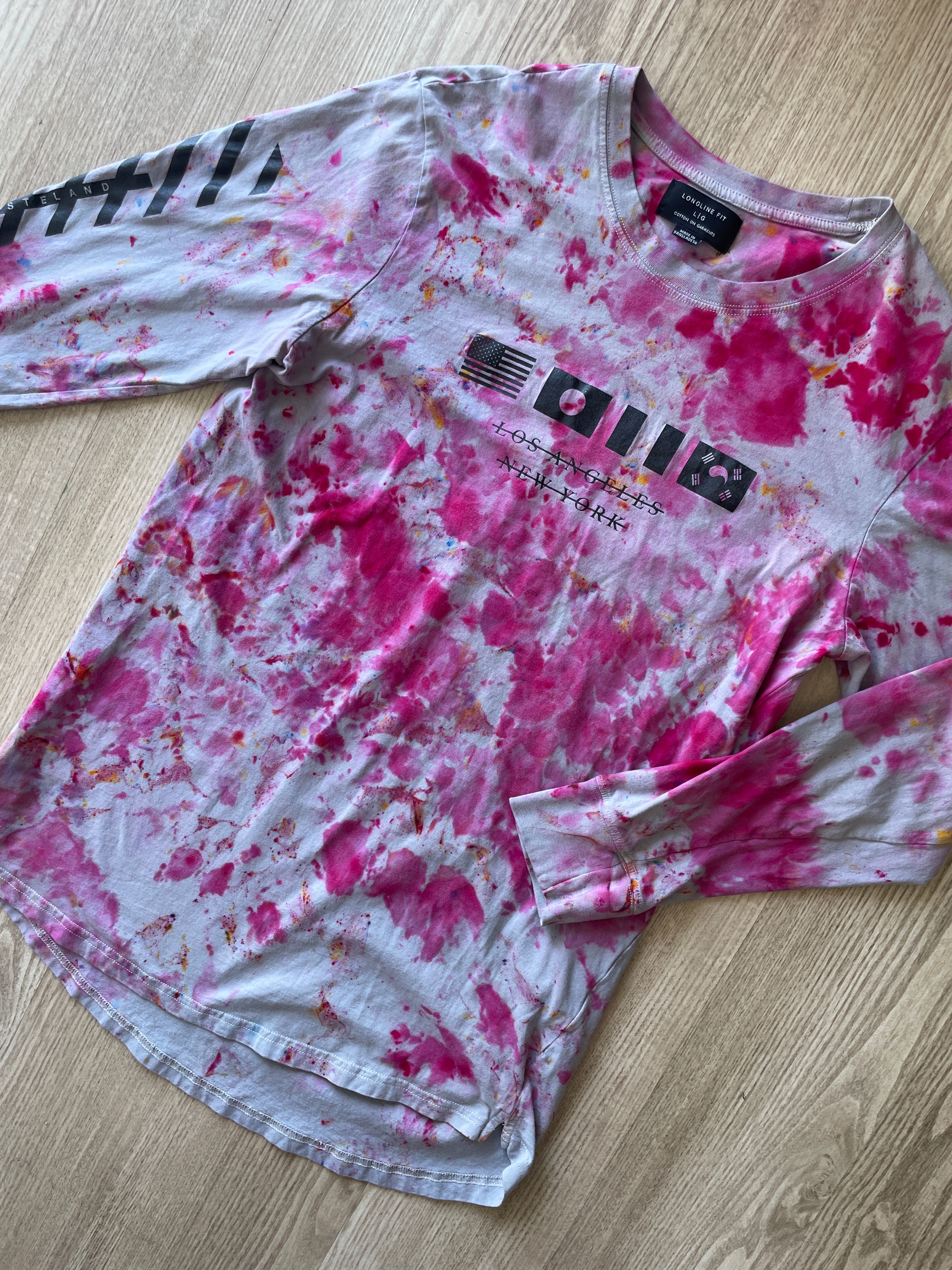 LARGE Men’s Cotton:On Los Angeles/New York Wasteland Handmade Tie Dye Long Sleeve T-Shirt | One-Of-a-Kind Gray and Pink Short Sleeve