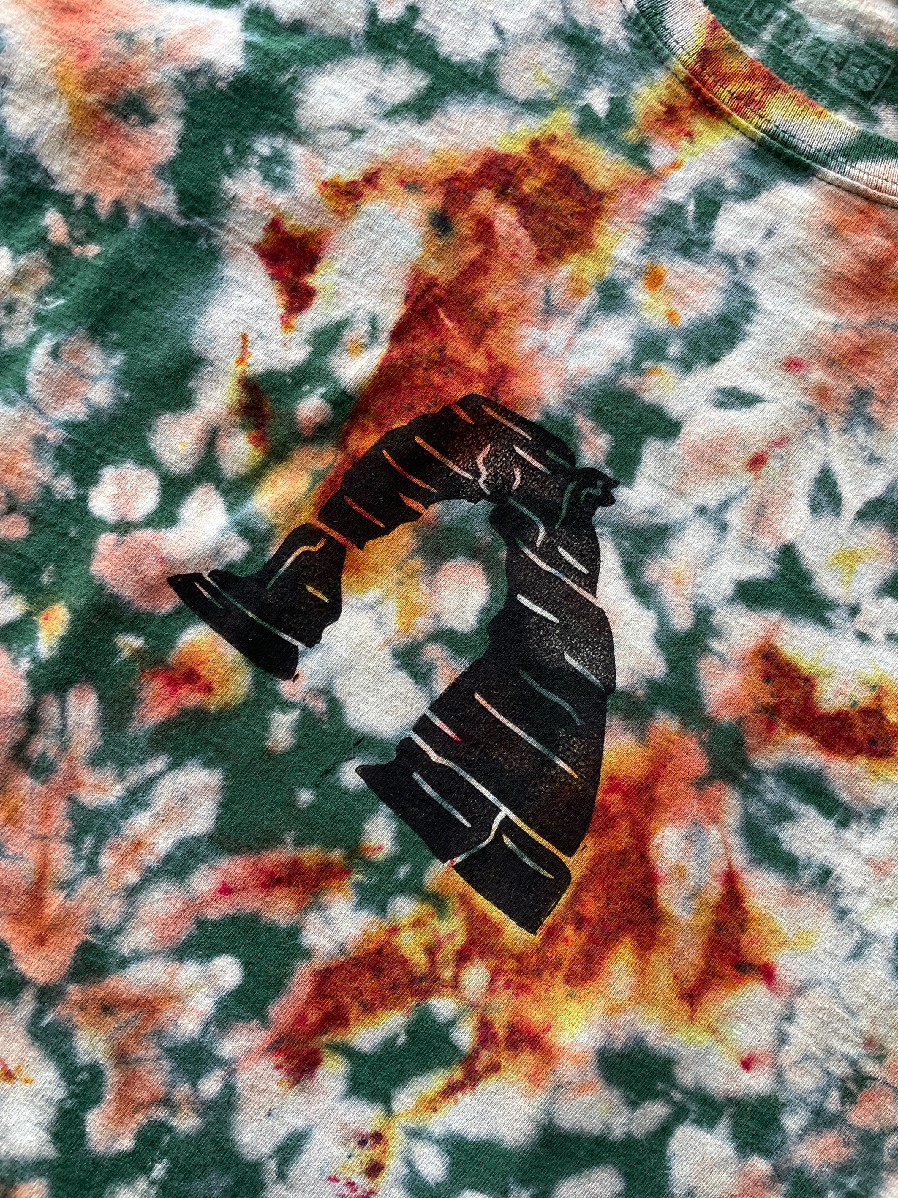 XL Men’s Hand-Printed Delicate Arch Long Sleeve Tie Dye T-Shirt | One-Of-a-Kind Upcycled Green, Yellow, and Orange Desert Colors Graphic Tee