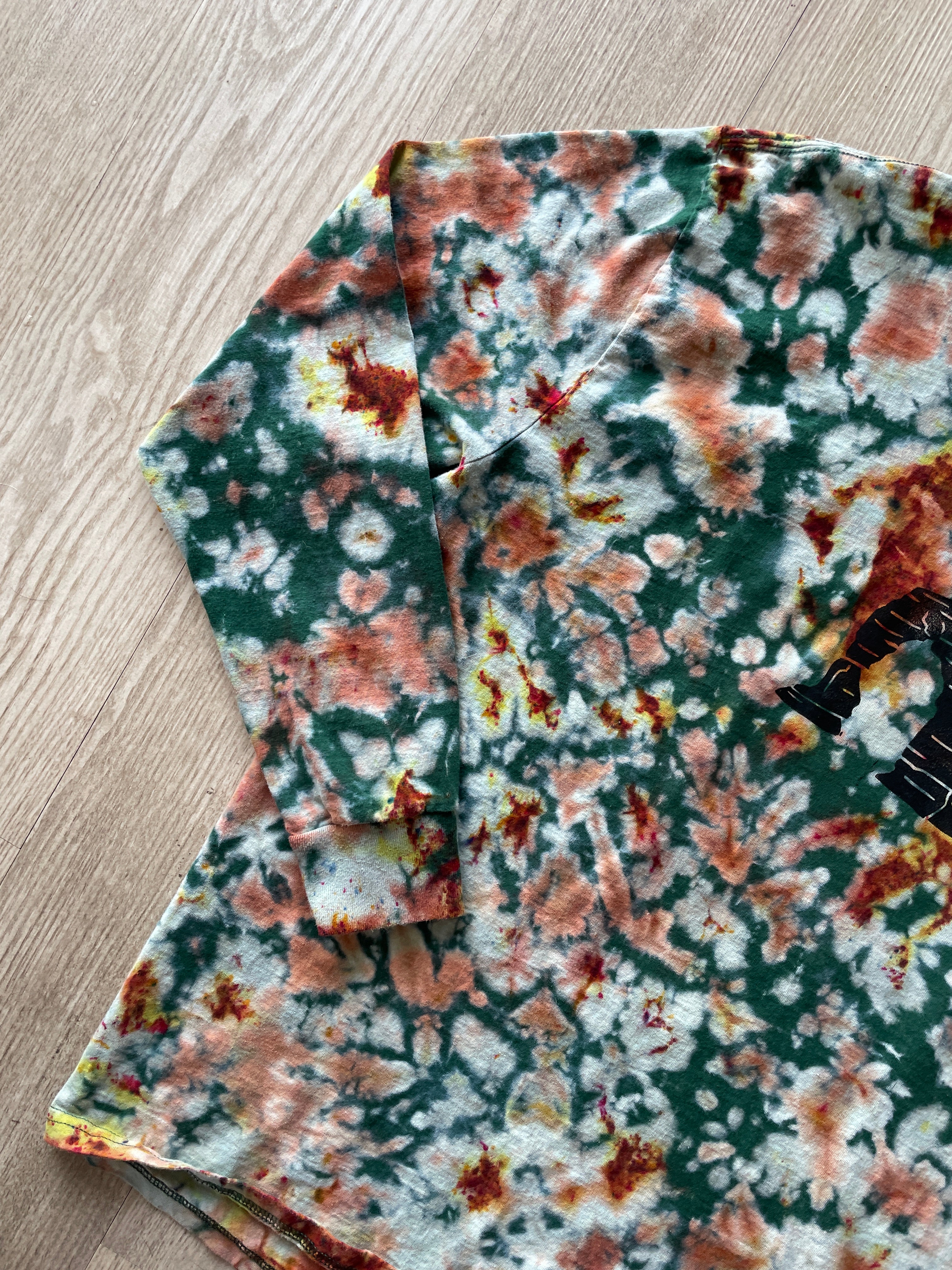 XL Men’s Hand-Printed Delicate Arch Long Sleeve Tie Dye T-Shirt | One-Of-a-Kind Upcycled Green, Yellow, and Orange Desert Colors Graphic Tee