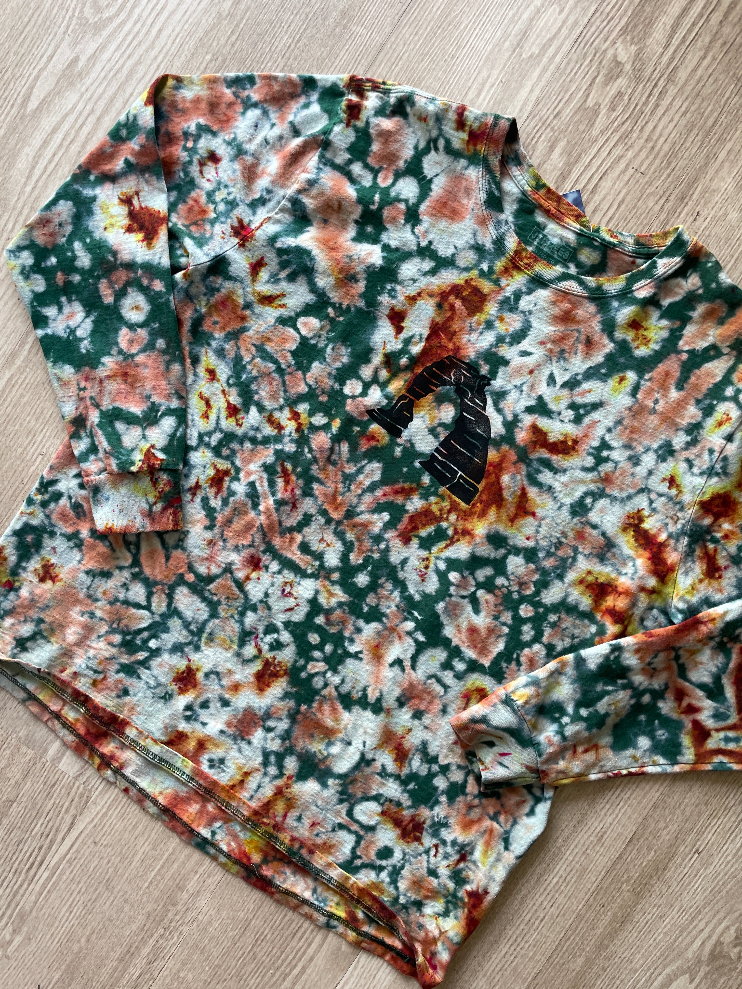 XL Men’s Hand-Printed Delicate Arch Long Sleeve Tie Dye T-Shirt | One-Of-a-Kind Upcycled Green, Yellow, and Orange Desert Colors Graphic Tee