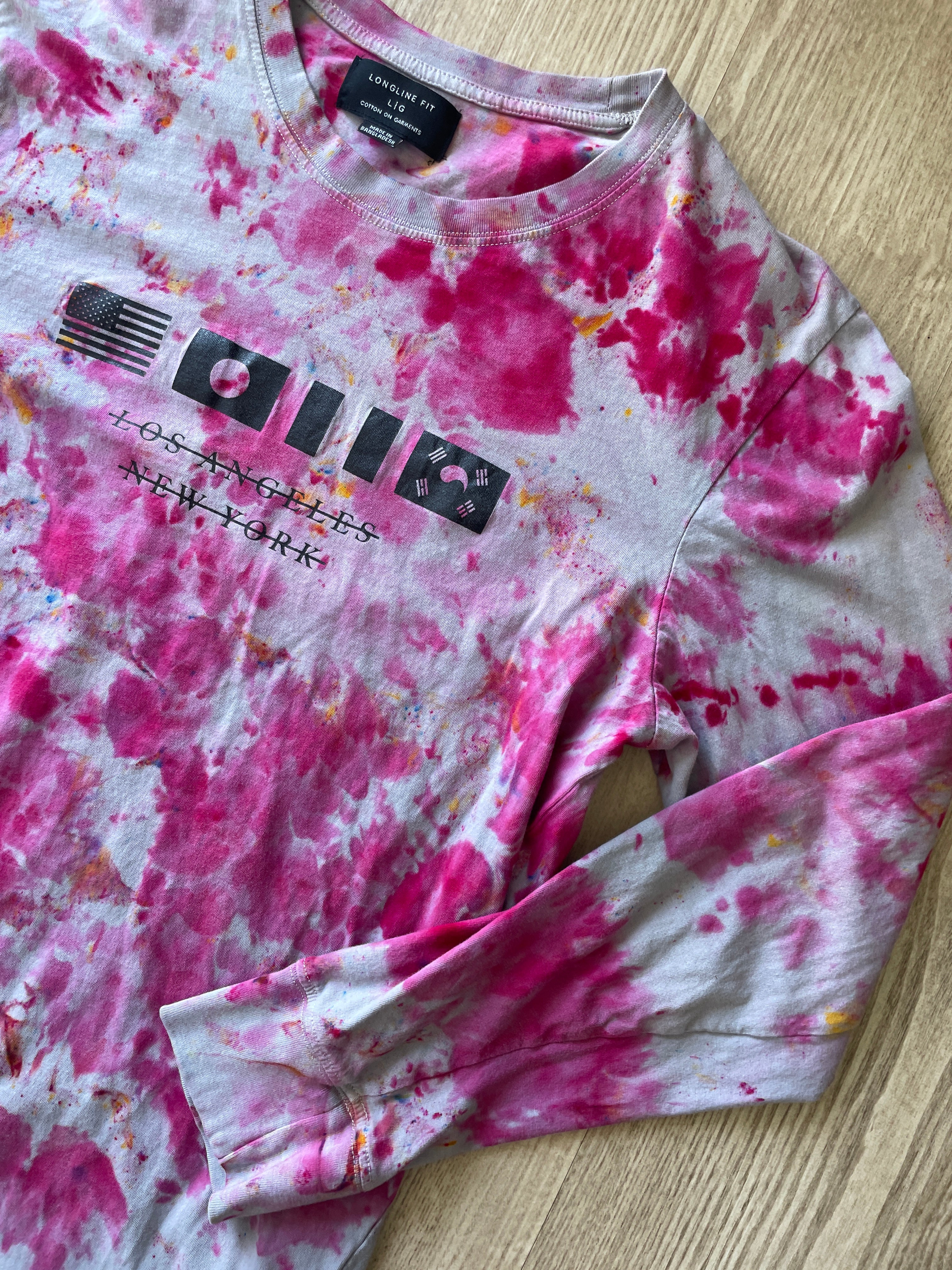 LARGE Men’s Cotton:On Los Angeles/New York Wasteland Handmade Tie Dye Long Sleeve T-Shirt | One-Of-a-Kind Gray and Pink Short Sleeve