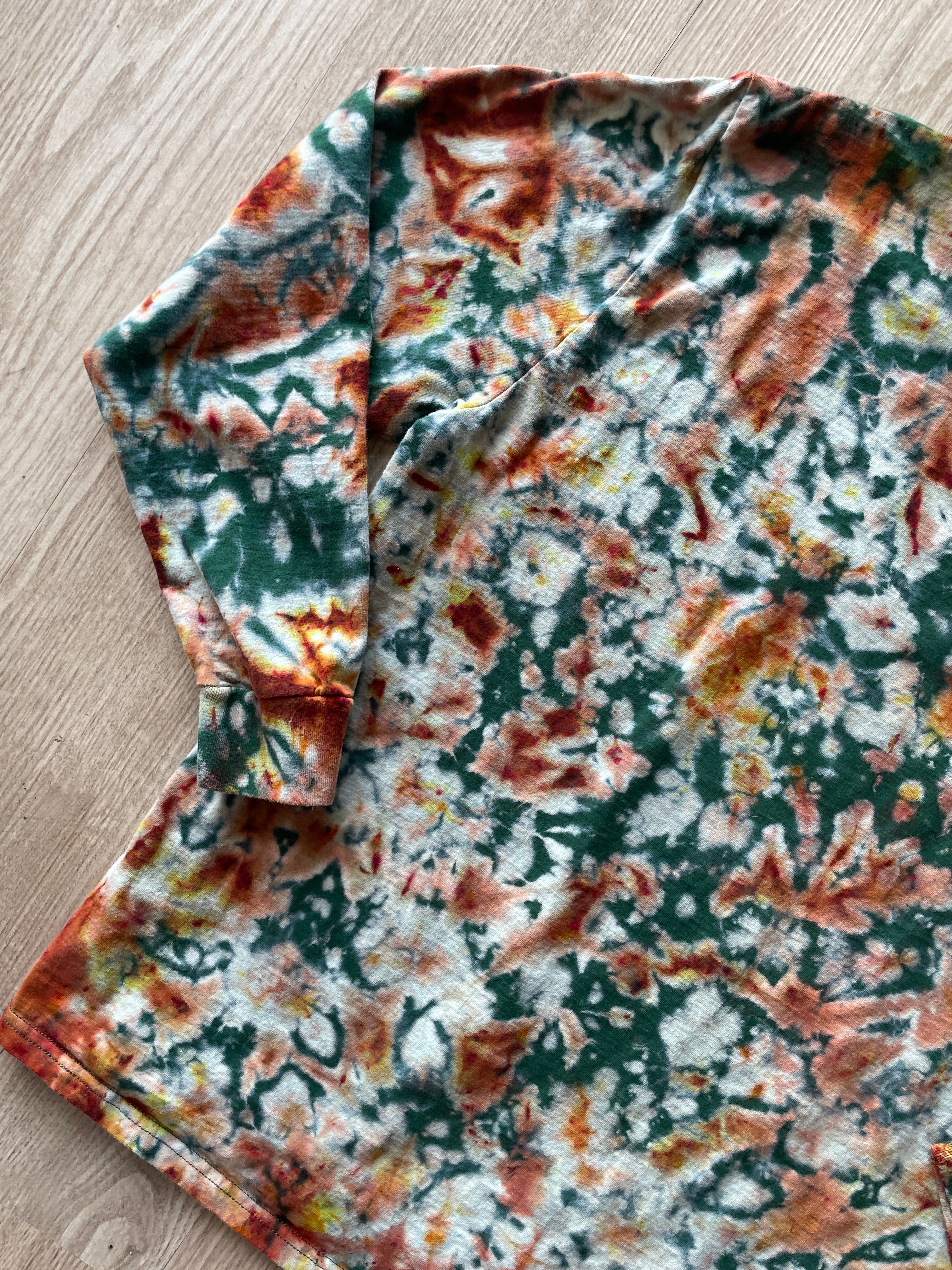 XL Men’s Hand-Printed Delicate Arch Long Sleeve Tie Dye T-Shirt | One-Of-a-Kind Upcycled Green, Yellow, and Orange Desert Colors Graphic Tee