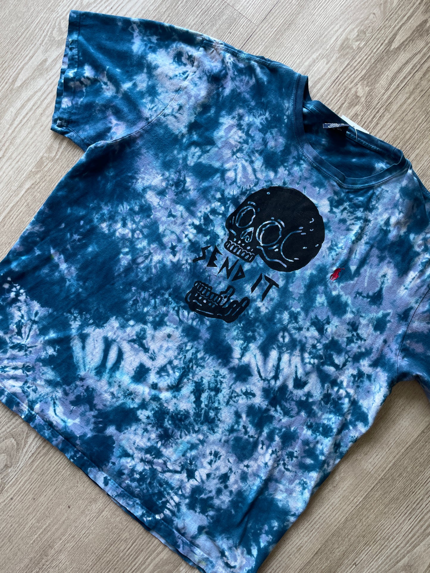 XL Men's Send It Skull Handmade Reverse Tie Dye Short Sleeve T-Shirt | One-Of-a-Kind Upcycled Blue and Black Crumpled Top