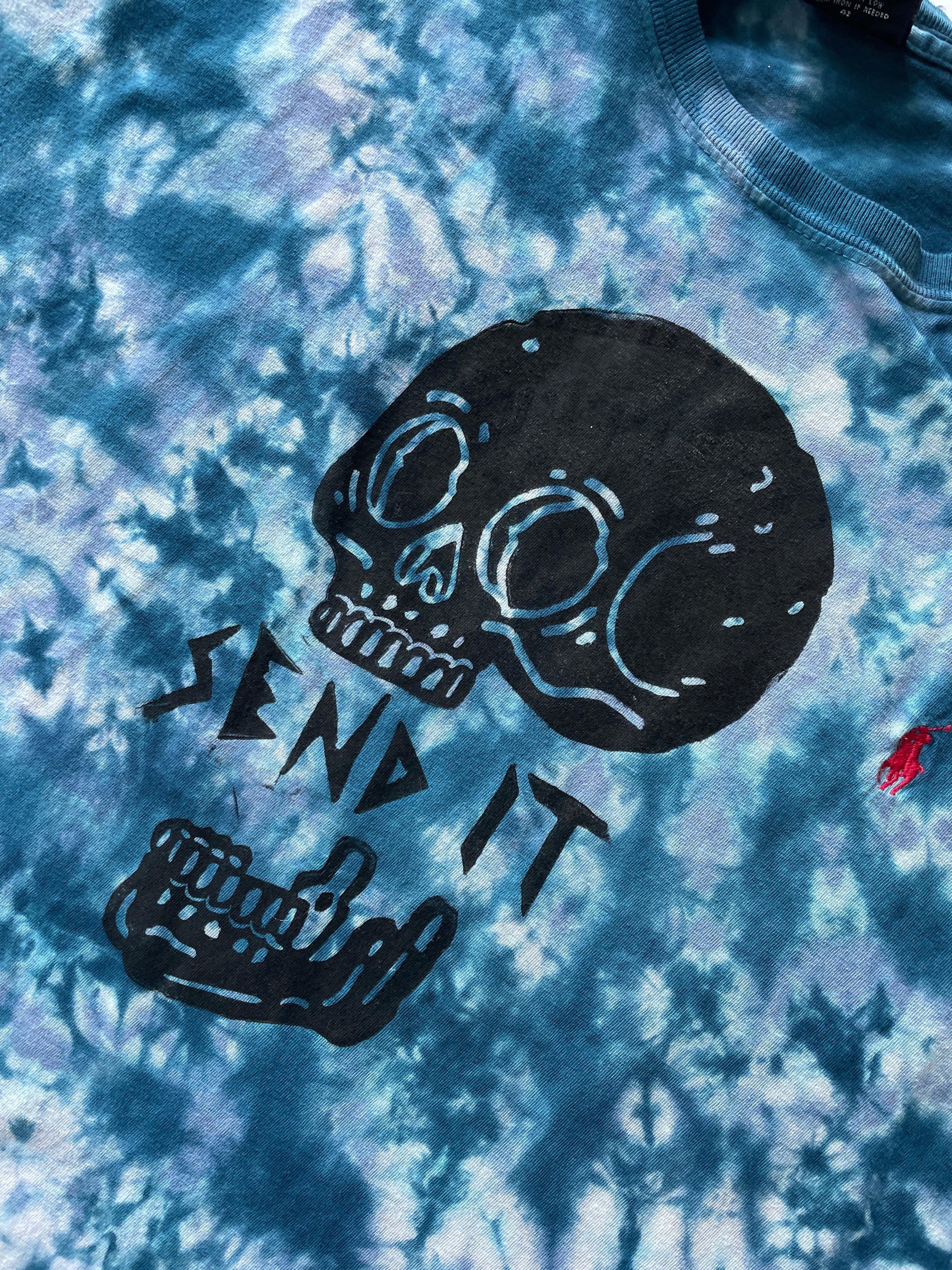 XL Men's Send It Skull Handmade Reverse Tie Dye Short Sleeve T-Shirt | One-Of-a-Kind Upcycled Blue and Black Crumpled Top