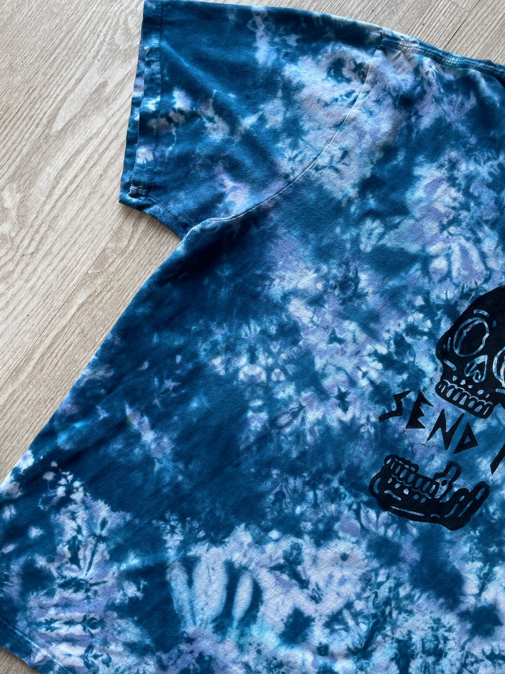 XL Men's Send It Skull Handmade Reverse Tie Dye Short Sleeve T-Shirt | One-Of-a-Kind Upcycled Blue and Black Crumpled Top