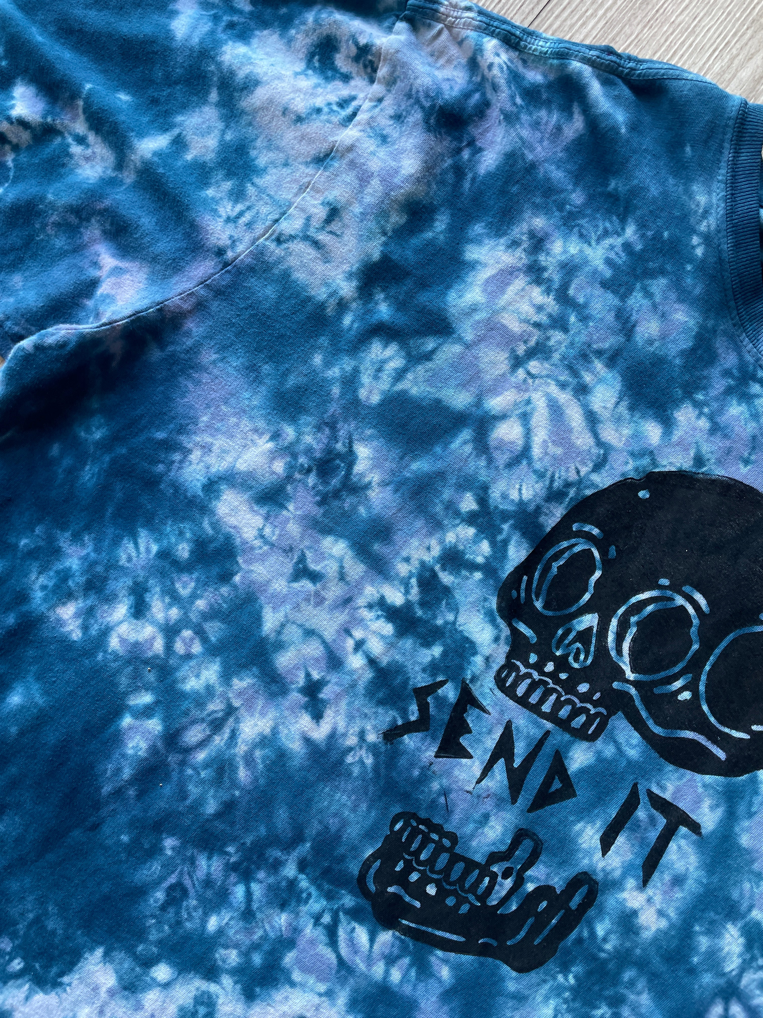 XL Men's Send It Skull Handmade Reverse Tie Dye Short Sleeve T-Shirt | One-Of-a-Kind Upcycled Blue and Black Crumpled Top