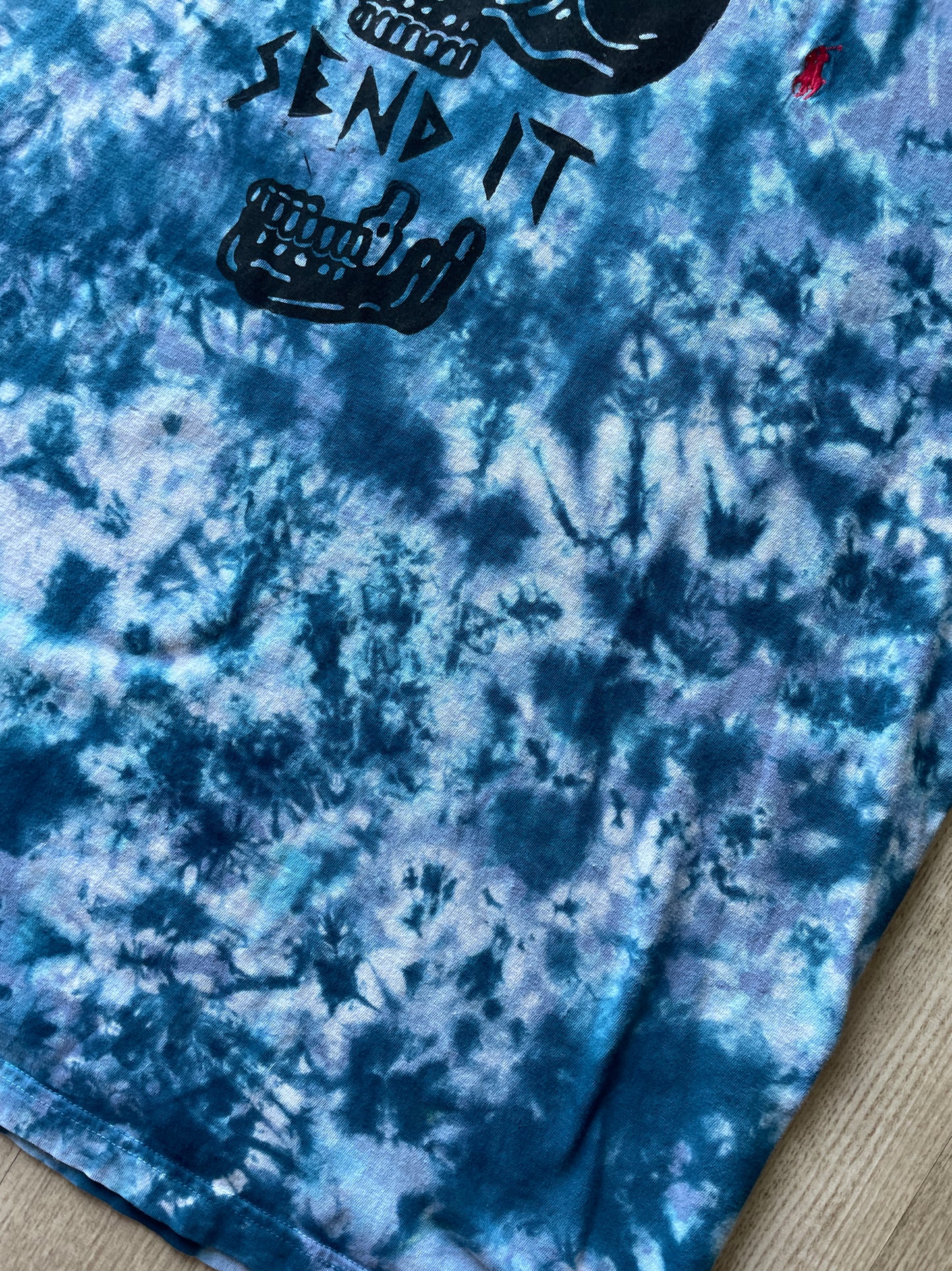 XL Men's Send It Skull Handmade Reverse Tie Dye Short Sleeve T-Shirt | One-Of-a-Kind Upcycled Blue and Black Crumpled Top