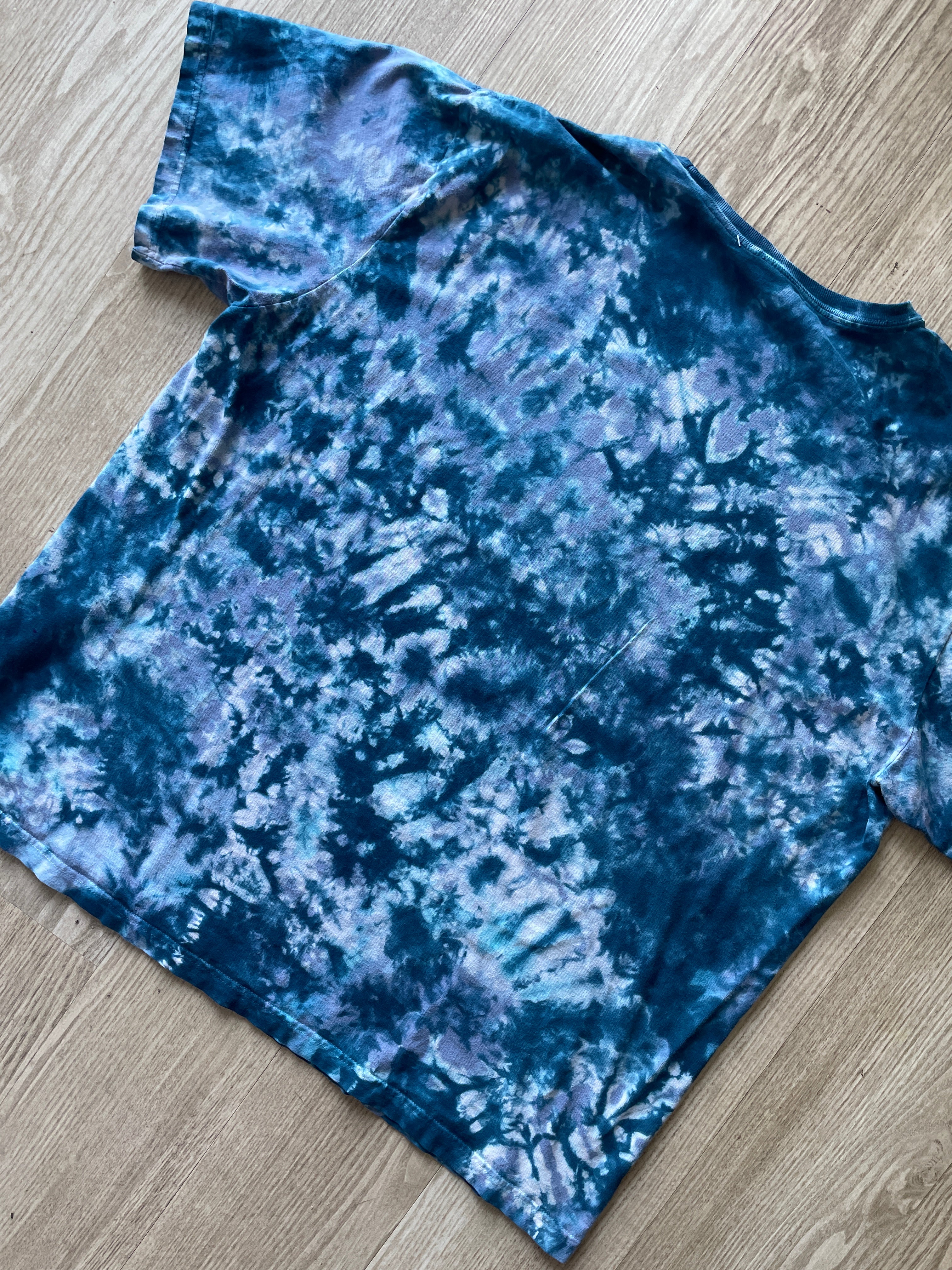 XL Men's Send It Skull Handmade Reverse Tie Dye Short Sleeve T-Shirt | One-Of-a-Kind Upcycled Blue and Black Crumpled Top