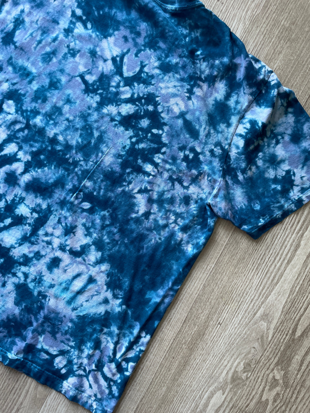 XL Men's Send It Skull Handmade Reverse Tie Dye Short Sleeve T-Shirt | One-Of-a-Kind Upcycled Blue and Black Crumpled Top