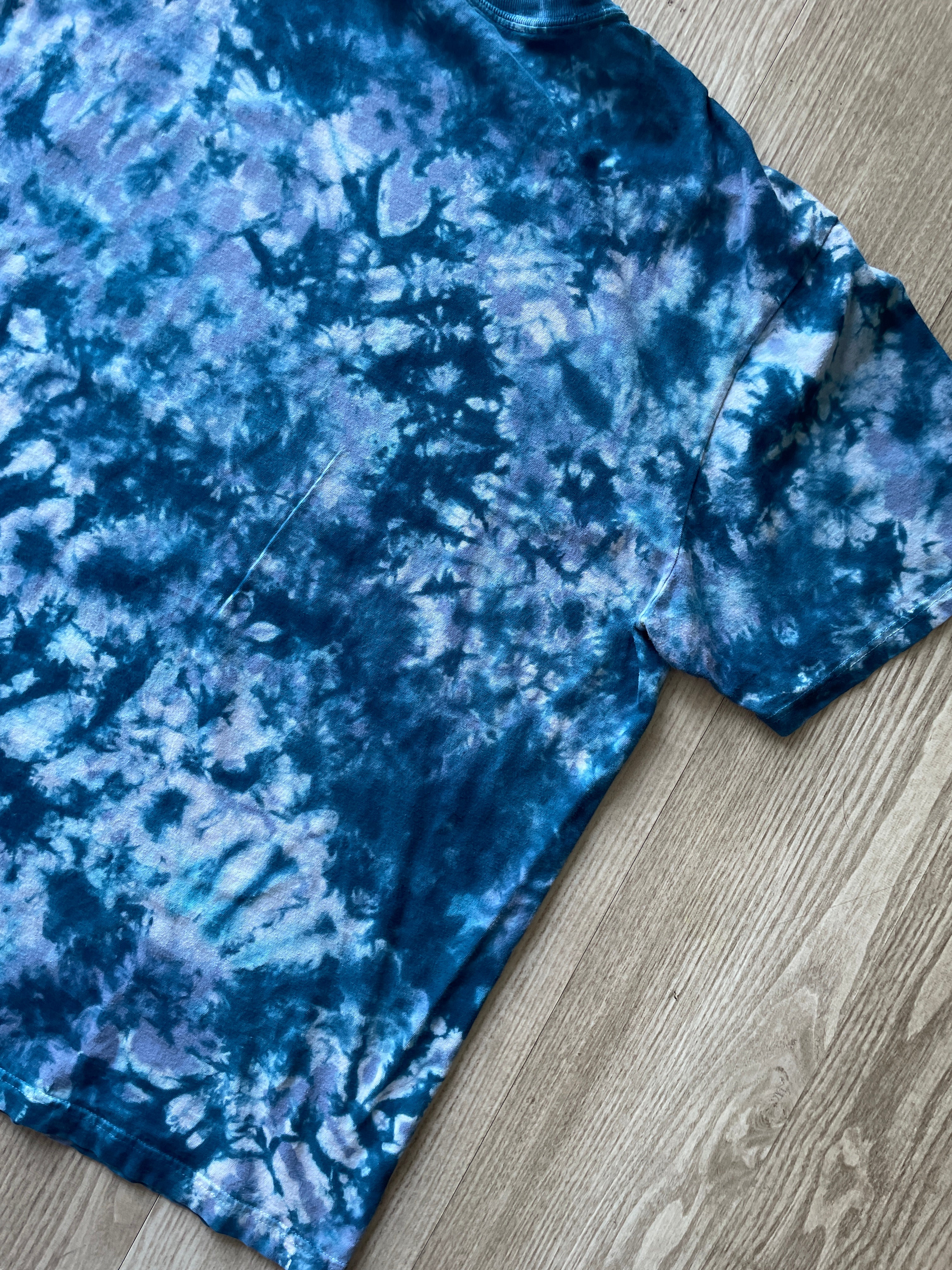 XL Men's Send It Skull Handmade Reverse Tie Dye Short Sleeve T-Shirt | One-Of-a-Kind Upcycled Blue and Black Crumpled Top