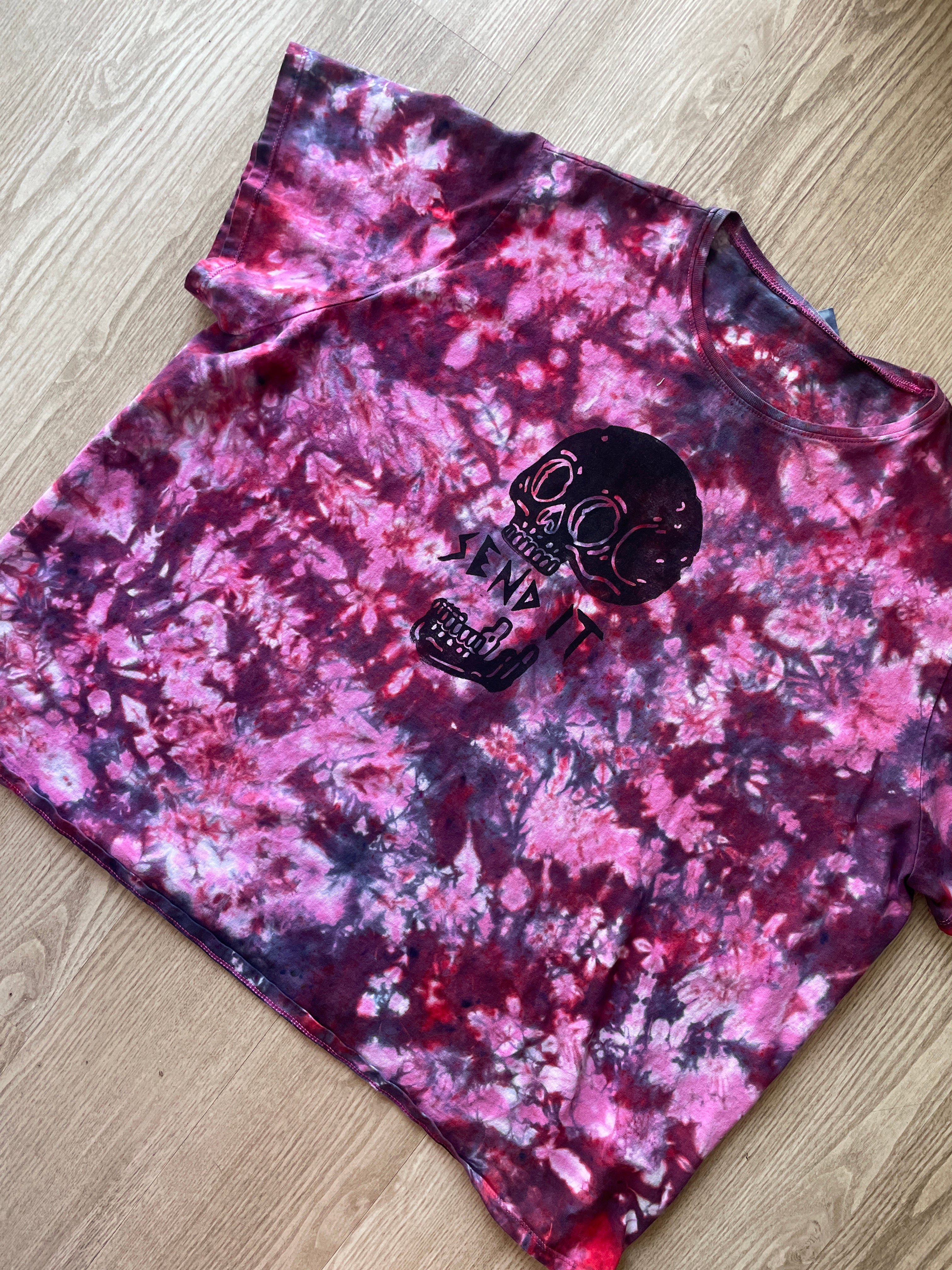 2/3XL Women's Send It Skull Handmade Reverse Tie Dye Short Sleeve T-Shirt | One-Of-a-Kind Upcycled Maroon, Pink, and Black Crumpled Top