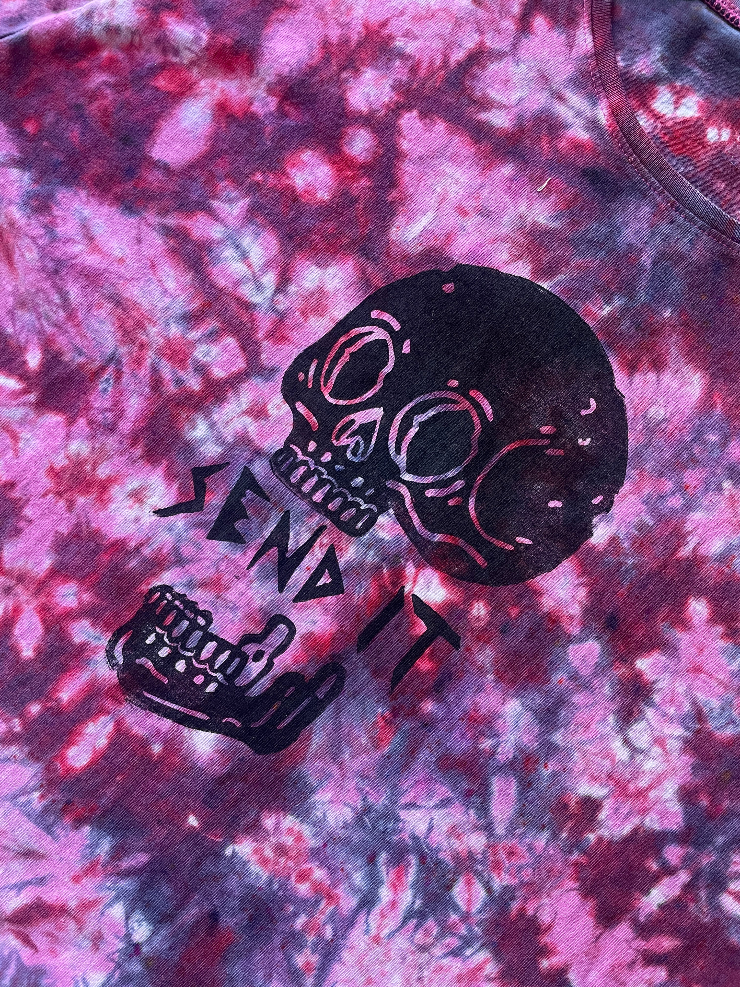 2/3XL Women's Send It Skull Handmade Reverse Tie Dye Short Sleeve T-Shirt | One-Of-a-Kind Upcycled Maroon, Pink, and Black Crumpled Top