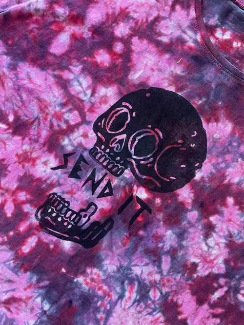 2/3XL Women's Send It Skull Handmade Reverse Tie Dye Short Sleeve T-Shirt | One-Of-a-Kind Upcycled Maroon, Pink, and Black Crumpled Top