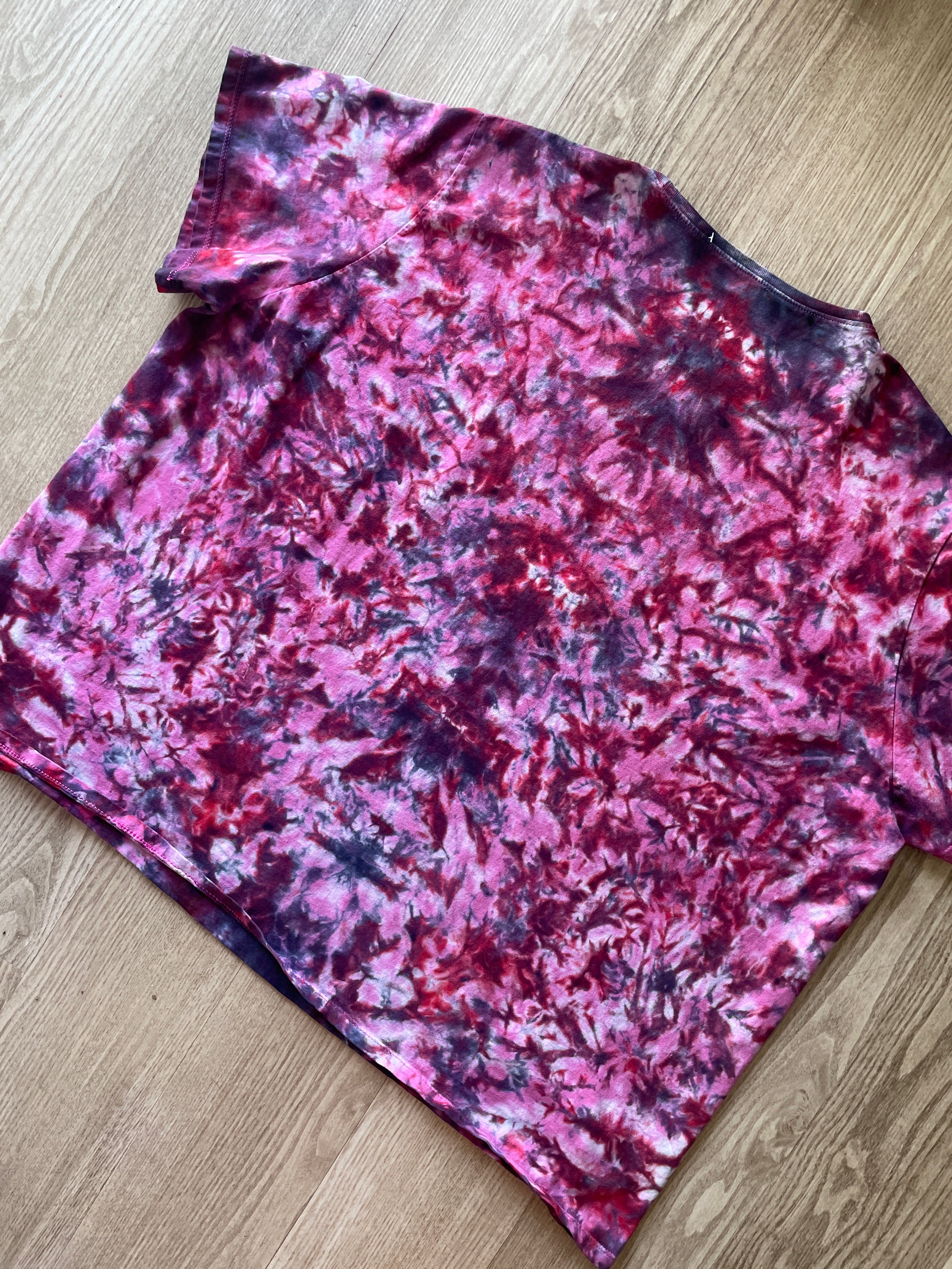 2/3XL Women's Send It Skull Handmade Reverse Tie Dye Short Sleeve T-Shirt | One-Of-a-Kind Upcycled Maroon, Pink, and Black Crumpled Top