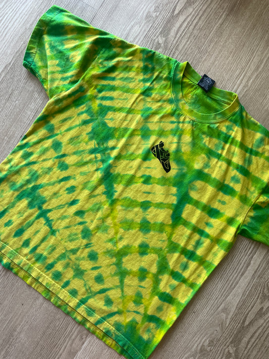 2XL Men’s Climbing Shoe Handmade Tie Dyed T-Shirt | One-Of-a-Kind Yellow, Blue, and Green Pleated Short Sleeve