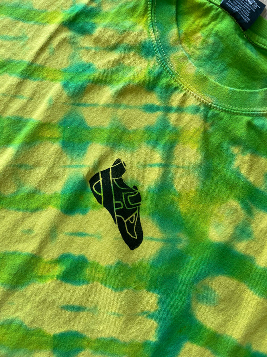 2XL Men’s Climbing Shoe Handmade Tie Dyed T-Shirt | One-Of-a-Kind Yellow, Blue, and Green Pleated Short Sleeve
