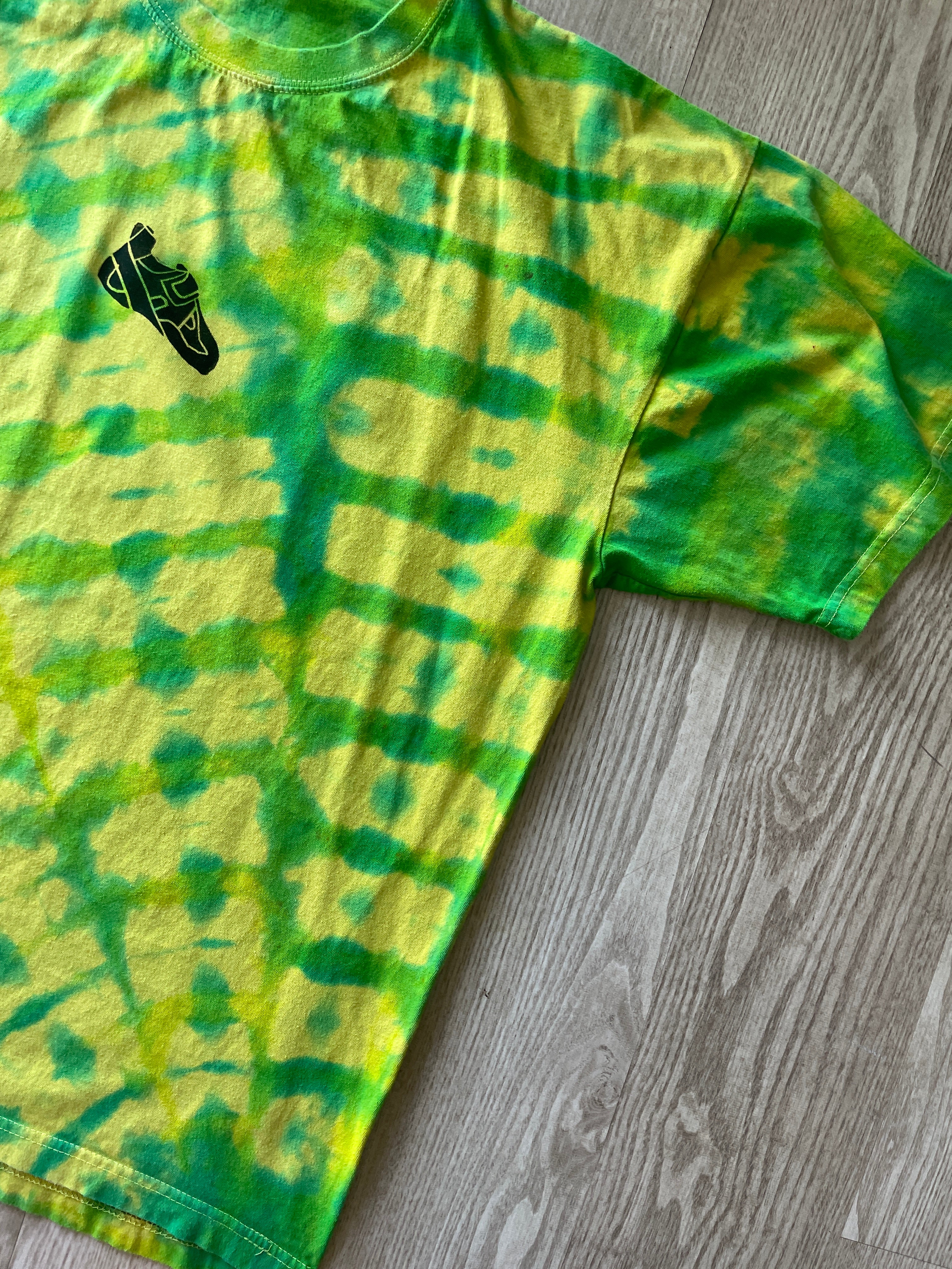 2XL Men’s Climbing Shoe Handmade Tie Dyed T-Shirt | One-Of-a-Kind Yellow, Blue, and Green Pleated Short Sleeve