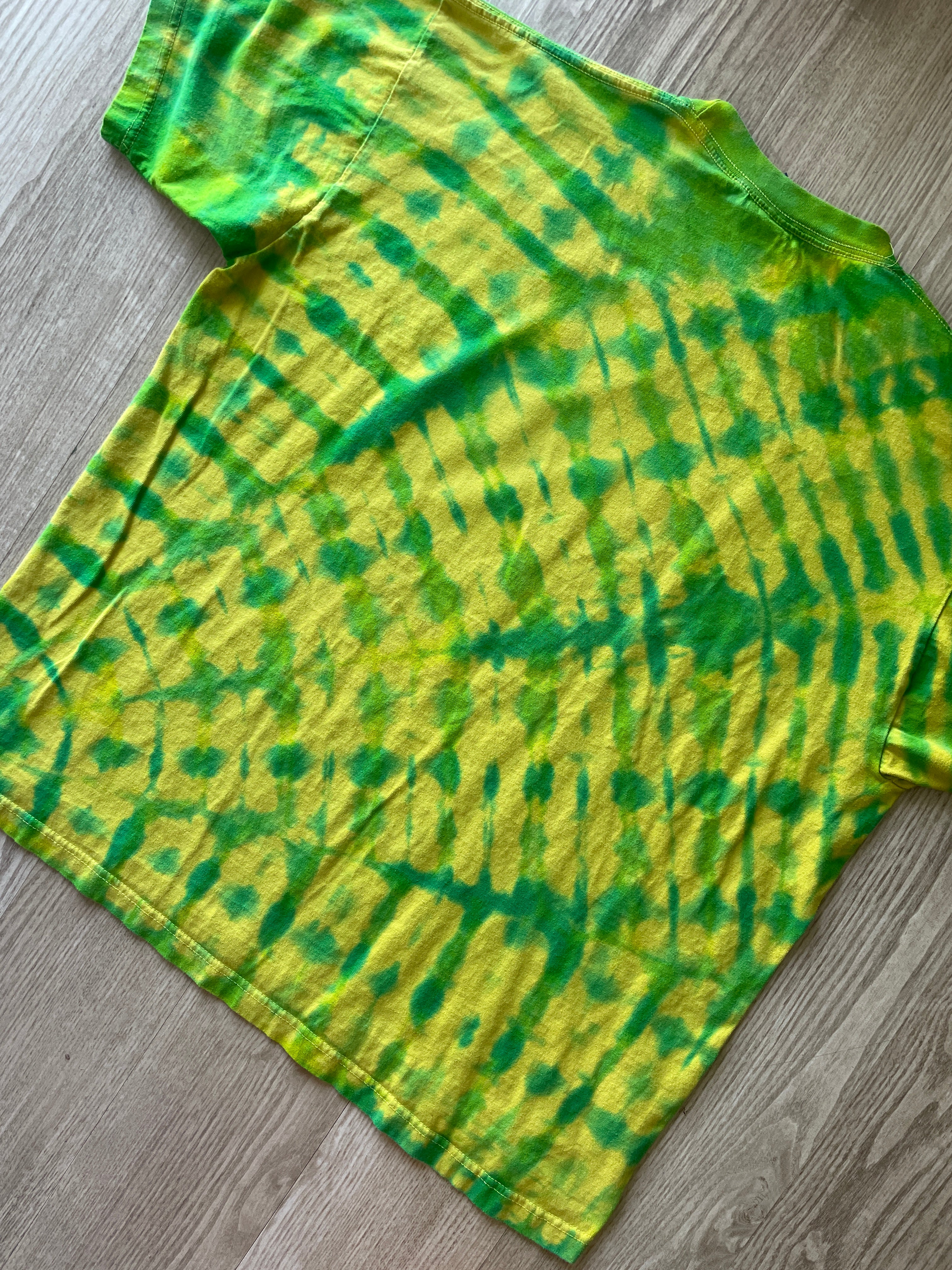 2XL Men’s Climbing Shoe Handmade Tie Dyed T-Shirt | One-Of-a-Kind Yellow, Blue, and Green Pleated Short Sleeve
