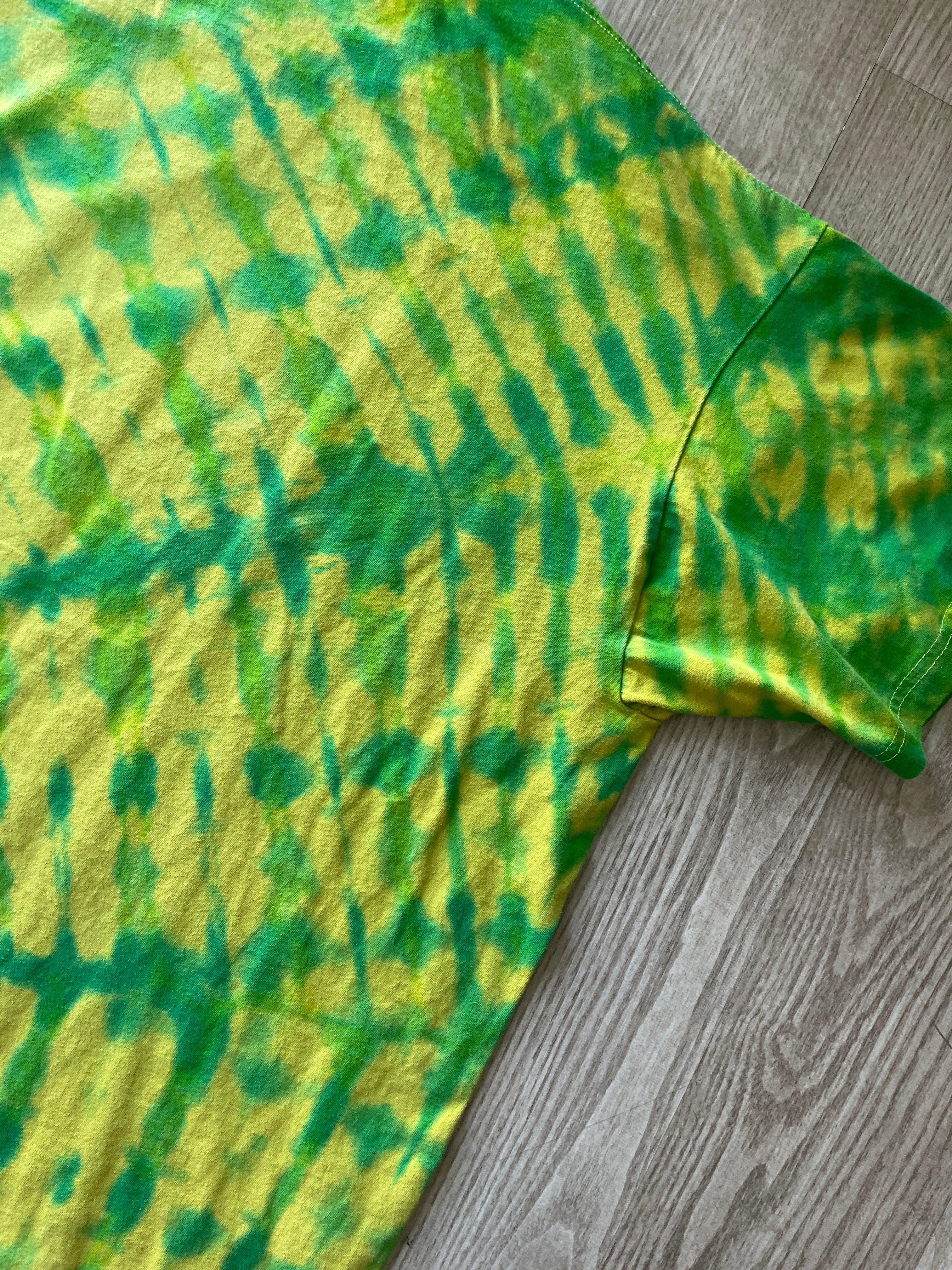 2XL Men’s Climbing Shoe Handmade Tie Dyed T-Shirt | One-Of-a-Kind Yellow, Blue, and Green Pleated Short Sleeve