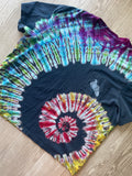 3XL Men’s Handprinted Climbing Shoe Reverse Tie Dye Handmade T-Shirt | One-Of-a-Kind Black and Rainbow Spiral Short Sleeve