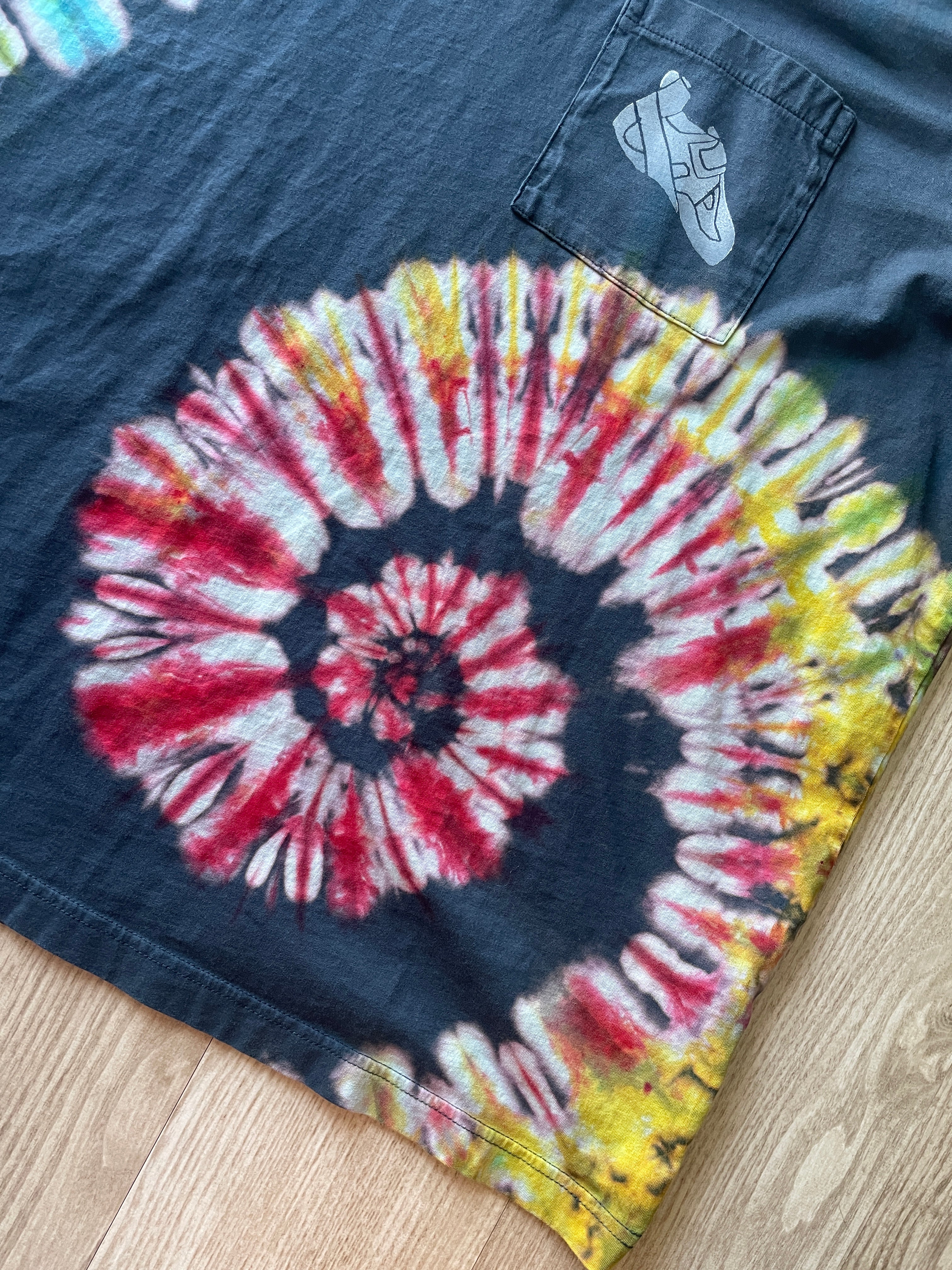 3XL Men’s Handprinted Climbing Shoe Reverse Tie Dye Handmade T-Shirt | One-Of-a-Kind Black and Rainbow Spiral Short Sleeve