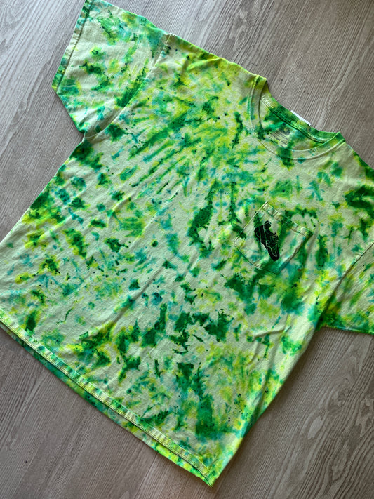 3XL Men’s Climbing Shoe Handmade Tie Dyed T-Shirt | One-Of-a-Kind Yellow, Blue, and Green Crumpled Short Sleeve