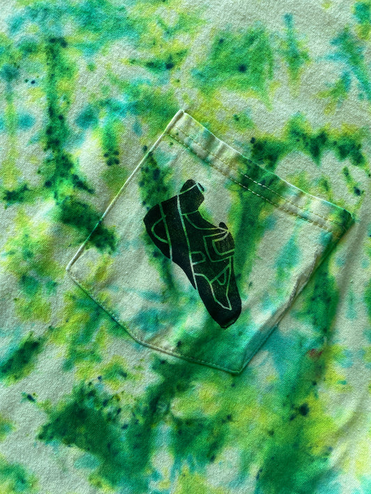 3XL Men’s Climbing Shoe Handmade Tie Dyed T-Shirt | One-Of-a-Kind Yellow, Blue, and Green Crumpled Short Sleeve