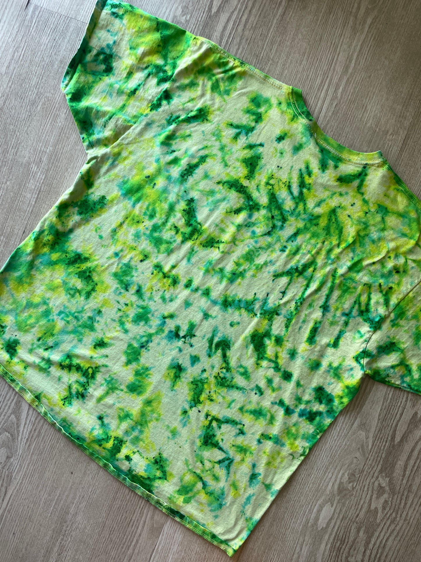 3XL Men’s Climbing Shoe Handmade Tie Dyed T-Shirt | One-Of-a-Kind Yellow, Blue, and Green Crumpled Short Sleeve