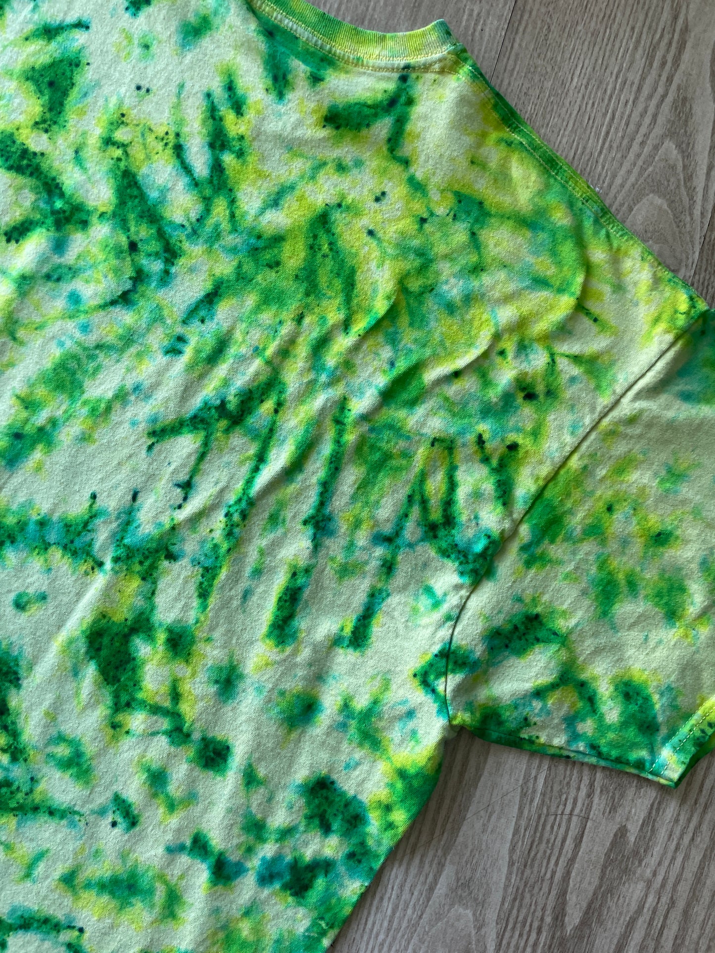 3XL Men’s Climbing Shoe Handmade Tie Dyed T-Shirt | One-Of-a-Kind Yellow, Blue, and Green Crumpled Short Sleeve