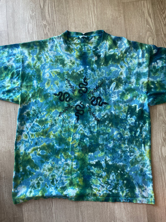 3XL Men's Handprinted Snakes and Vines Handmade Tie Dye Short Sleeve T-Shirt | One-Of-a-Kind Upcycled Blue, Green, and White Crumpled Top