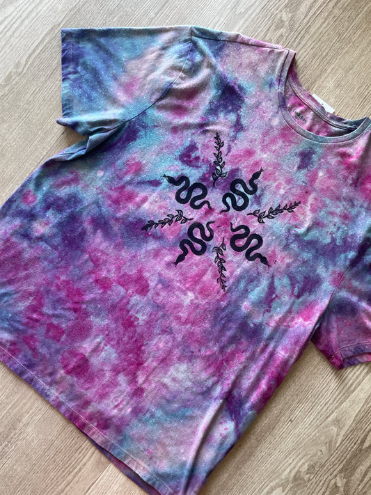 2XL Men's Handprinted Snakes and Vines Galaxy Tie Dye Short Sleeve T-Shirt | One-Of-a-Kind Upcycled Purple, Pink, and Blue Ice Dye Top
