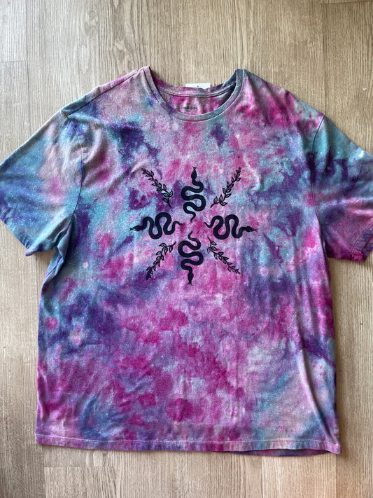 2XL Men's Handprinted Snakes and Vines Galaxy Tie Dye Short Sleeve T-Shirt | One-Of-a-Kind Upcycled Purple, Pink, and Blue Ice Dye Top