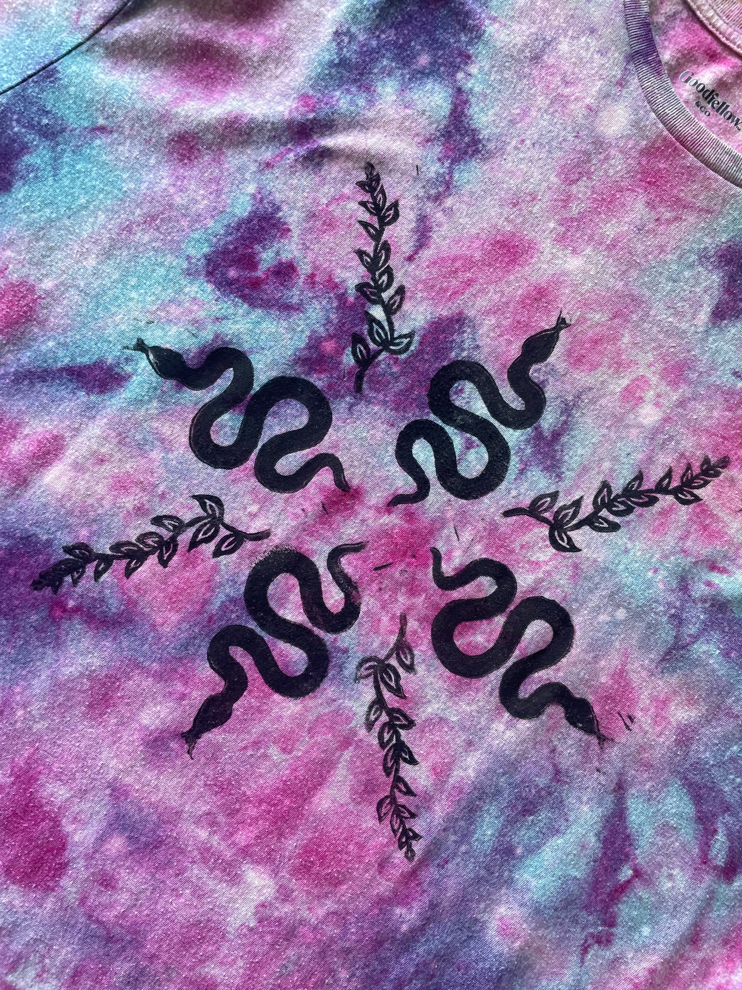 2XL Men's Handprinted Snakes and Vines Galaxy Tie Dye Short Sleeve T-Shirt | One-Of-a-Kind Upcycled Purple, Pink, and Blue Ice Dye Top