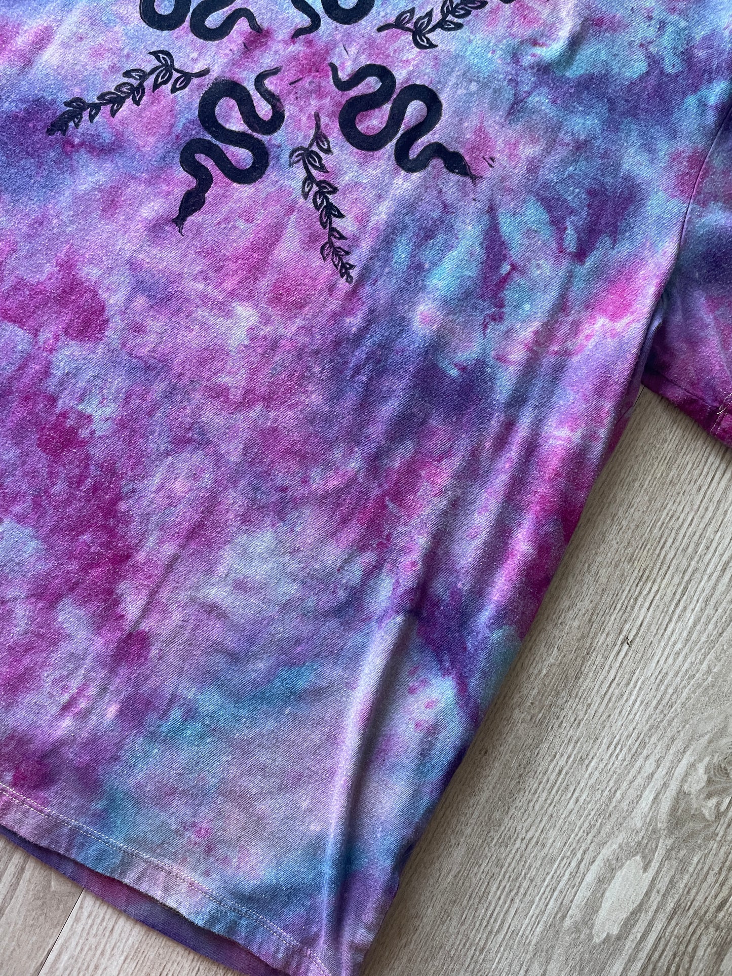 2XL Men's Handprinted Snakes and Vines Galaxy Tie Dye Short Sleeve T-Shirt | One-Of-a-Kind Upcycled Purple, Pink, and Blue Ice Dye Top