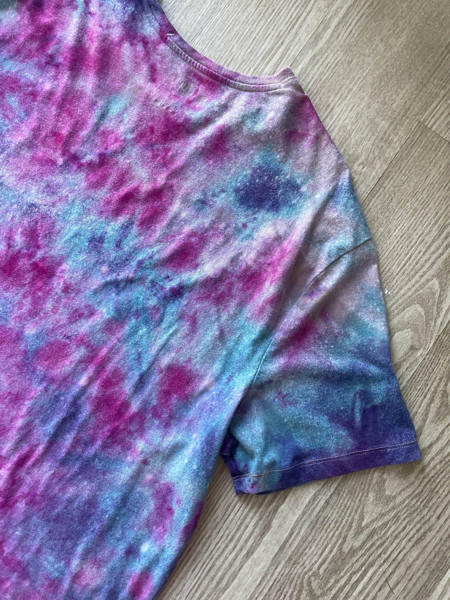 2XL Men's Handprinted Snakes and Vines Galaxy Tie Dye Short Sleeve T-Shirt | One-Of-a-Kind Upcycled Purple, Pink, and Blue Ice Dye Top