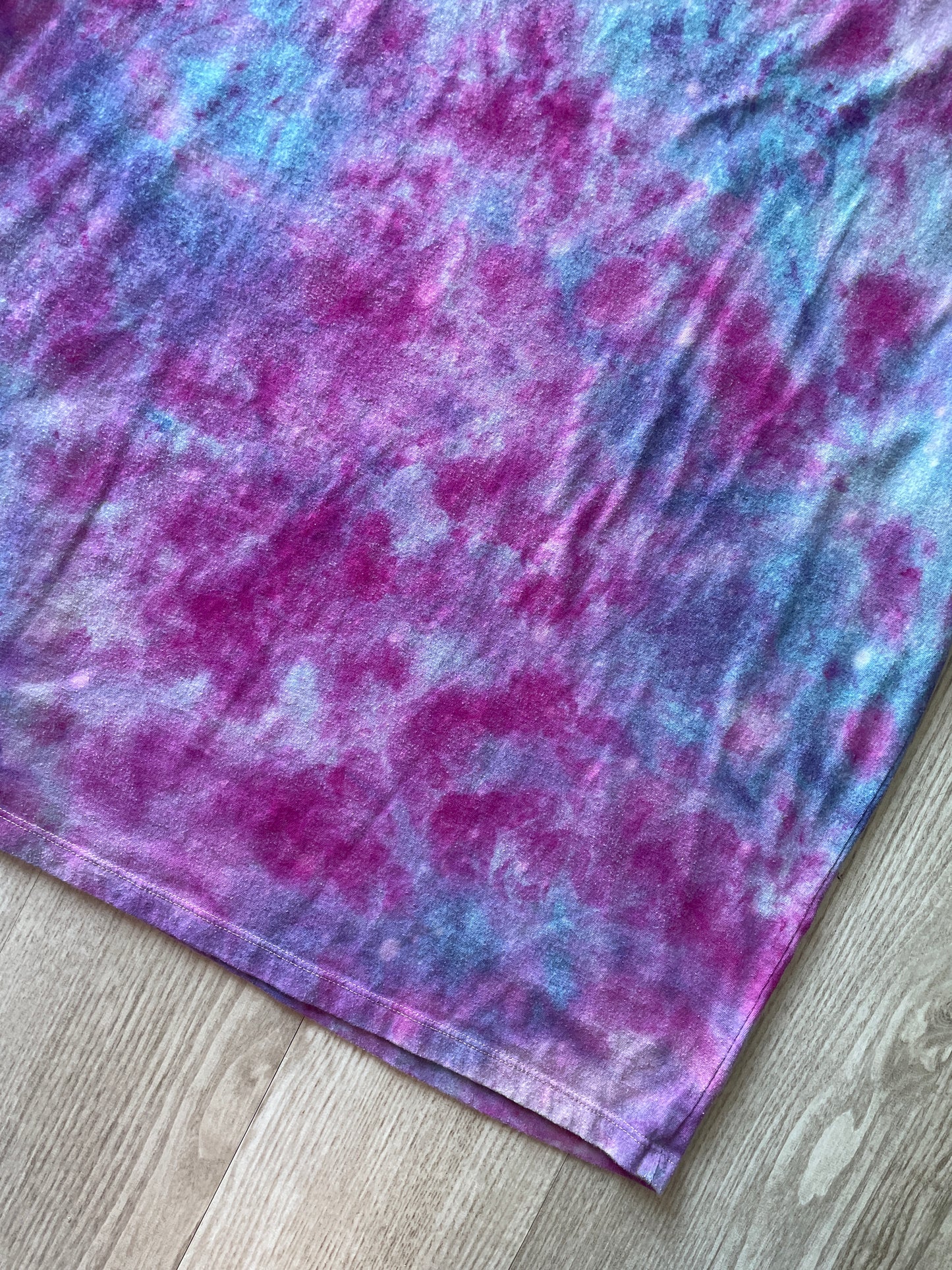 2XL Men's Handprinted Snakes and Vines Galaxy Tie Dye Short Sleeve T-Shirt | One-Of-a-Kind Upcycled Purple, Pink, and Blue Ice Dye Top