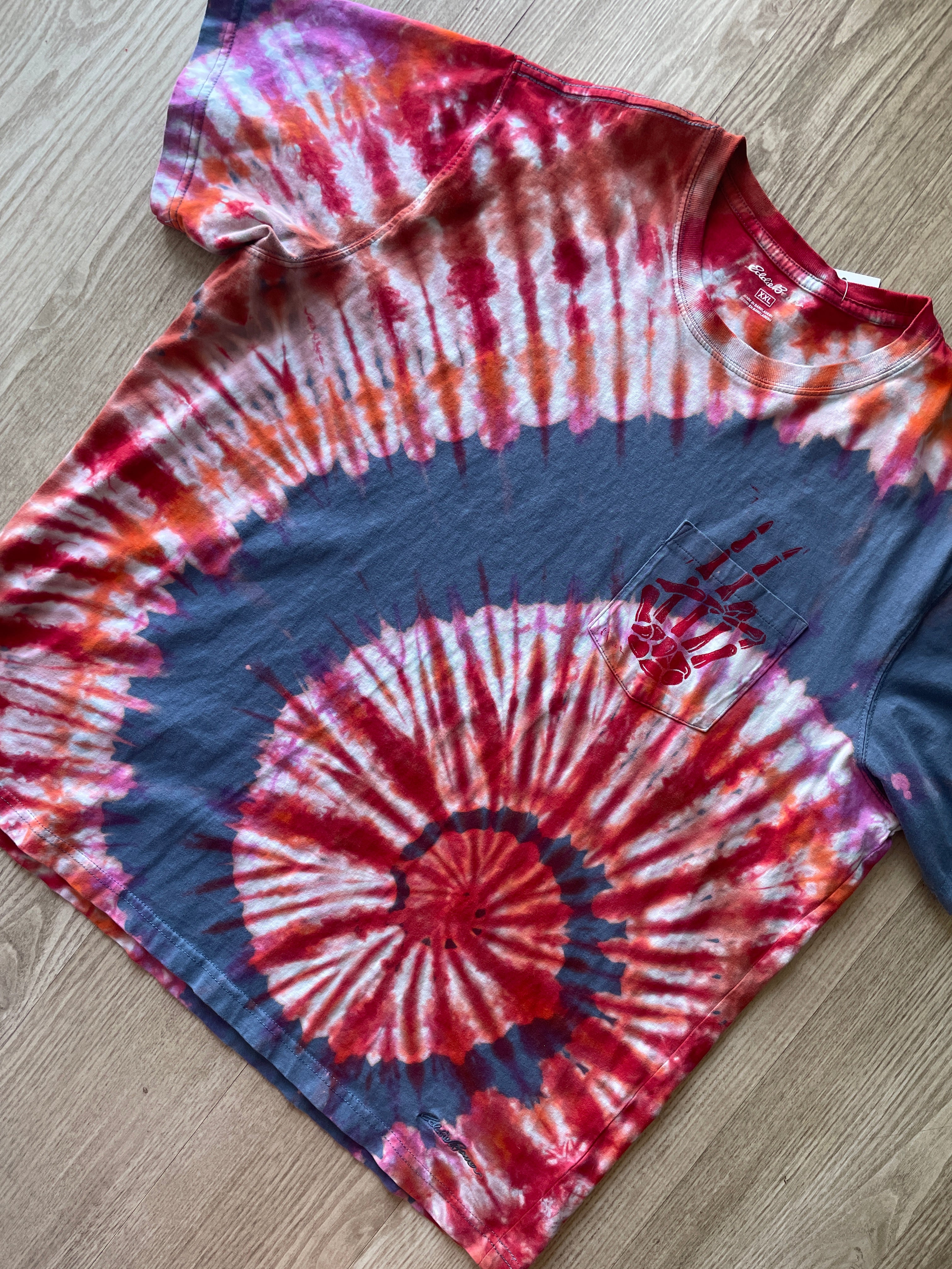 2XL Men’s Eddie Bauer Handprinted Rock On Skeleton Hands Reverse Tie Dye Handmade T-Shirt | One-Of-a-Kind Gray and Red Spiral Short Sleeve