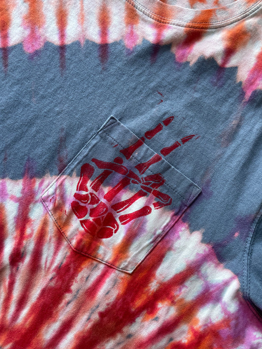 2XL Men’s Eddie Bauer Handprinted Rock On Skeleton Hands Reverse Tie Dye Handmade T-Shirt | One-Of-a-Kind Gray and Red Spiral Short Sleeve