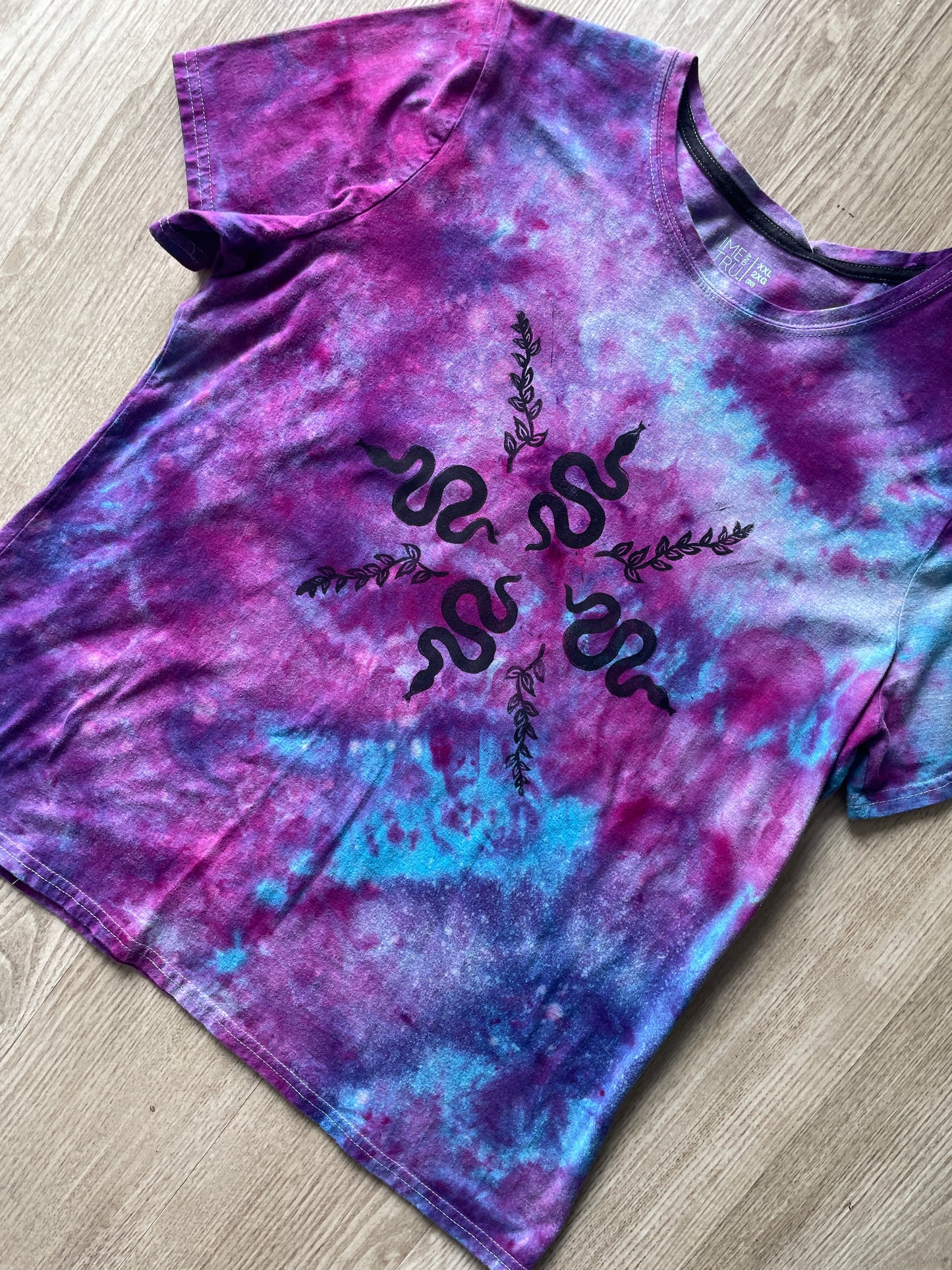 2X Juniors' Handprinted Snakes and Vines Galaxy Tie Dye Short Sleeve T-Shirt | One-Of-a-Kind Upcycled Purple, Pink, and Blue Ice Dye Top