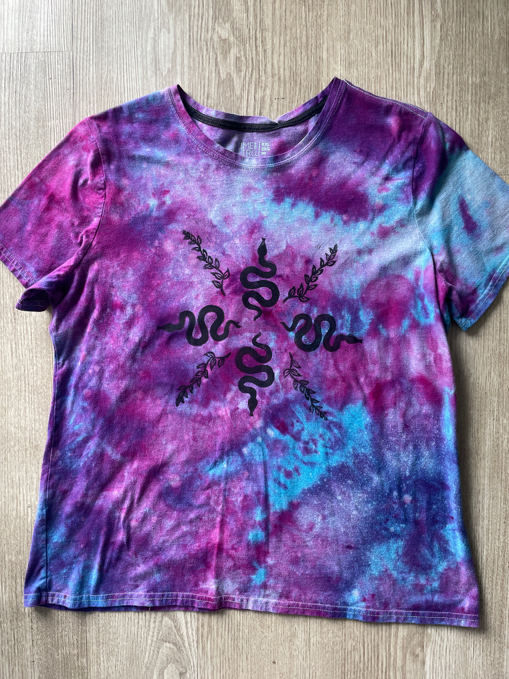 2X Juniors' Handprinted Snakes and Vines Galaxy Tie Dye Short Sleeve T-Shirt | One-Of-a-Kind Upcycled Purple, Pink, and Blue Ice Dye Top